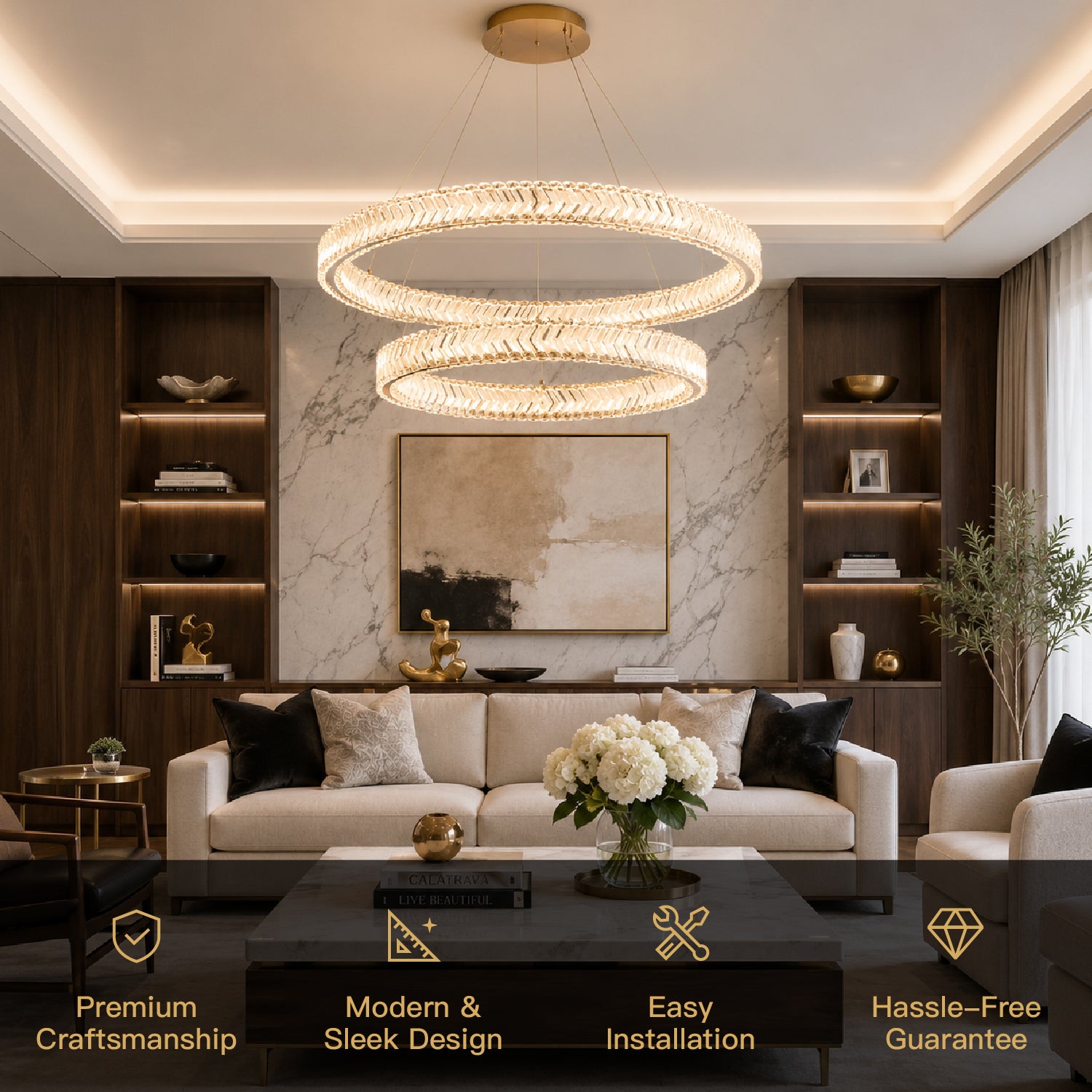 Lumina 2-Tier Modern Gold K9 Crystal Double Ring Chandelier
