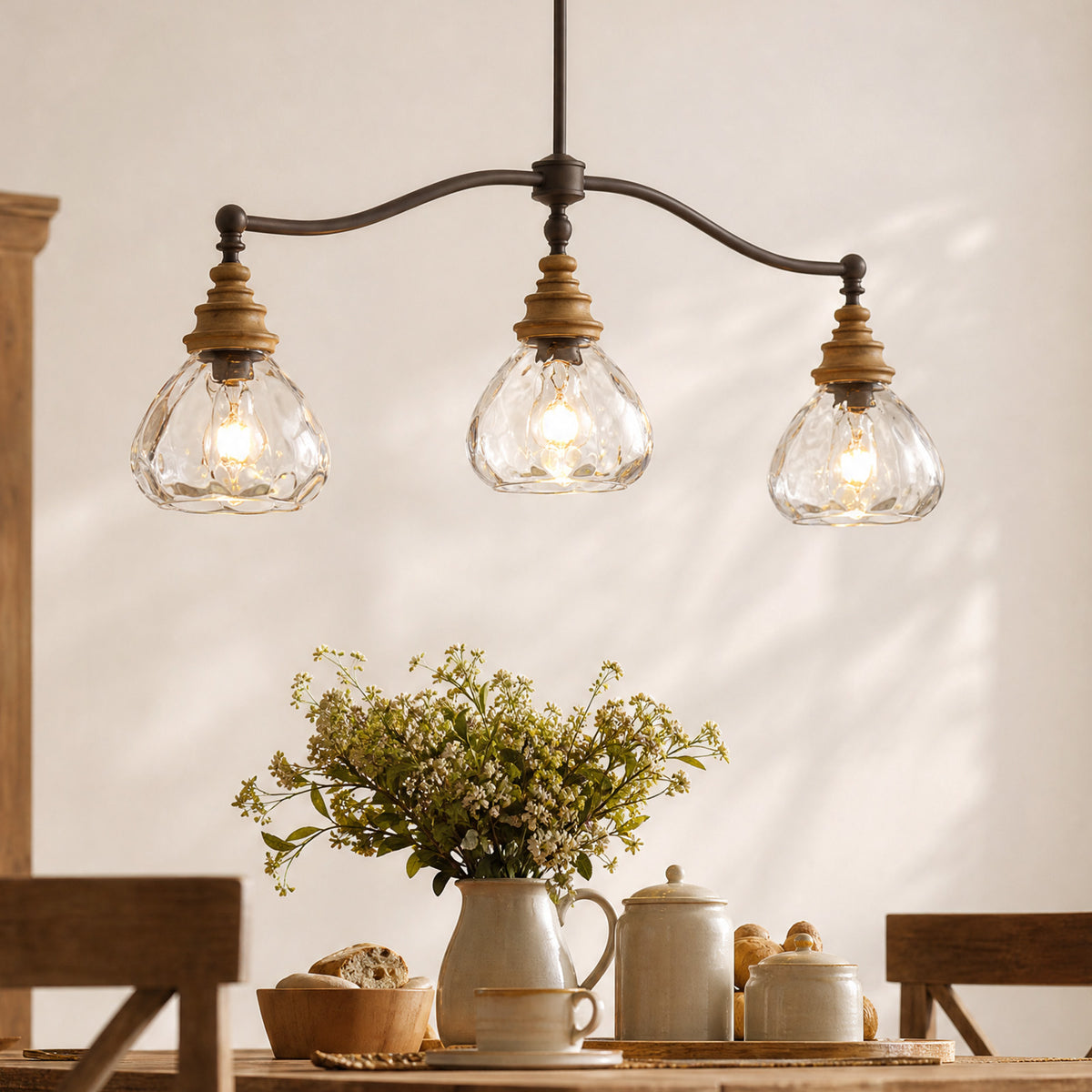 Brinley Vintage Farmhouse Bronze Clear Ripple Glass 3-Light Linear Chandelier