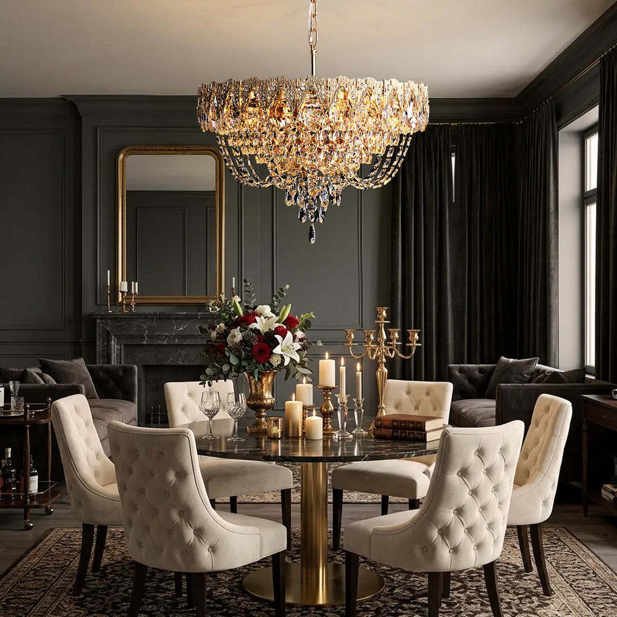 Auremont Classic Luxury Gold Crystal Cascading Round Chandelier