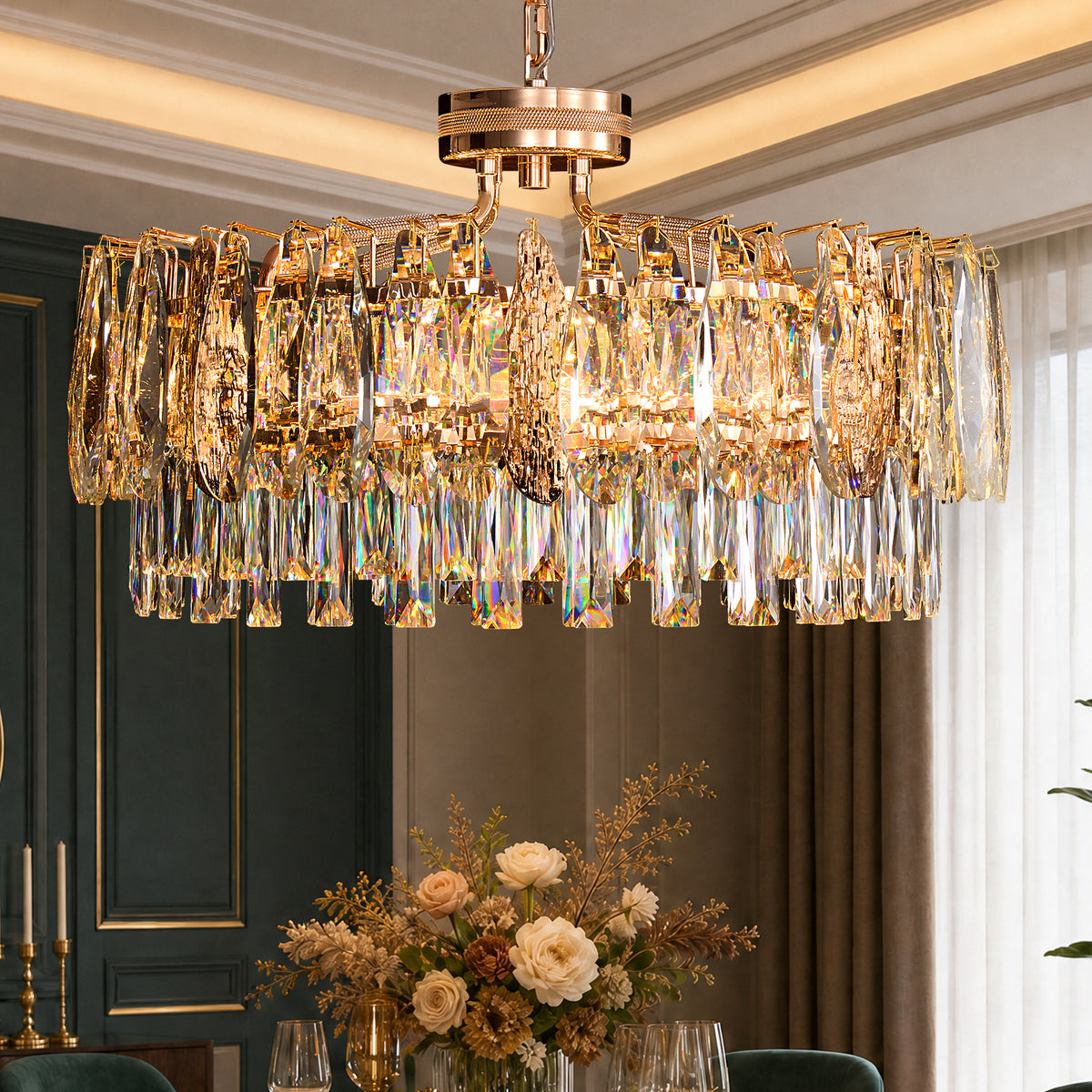 Delvienne Modern Luxury Gold Crystal Double-Tier Round Chandelier