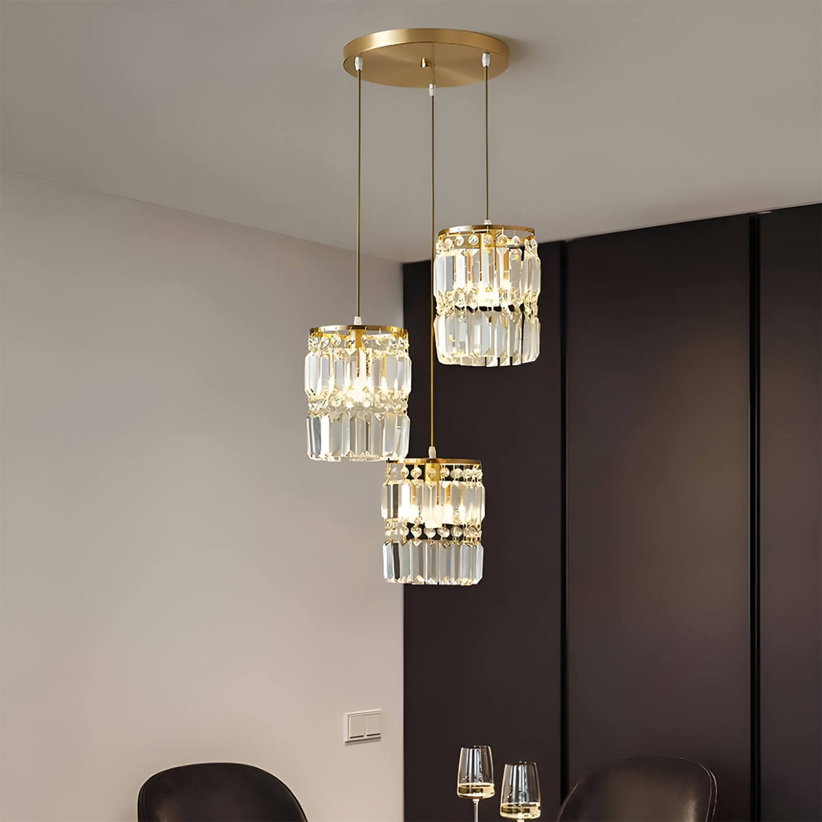3-Light Gold Crystal Chandelier - Linear Pendant Light | Sofary