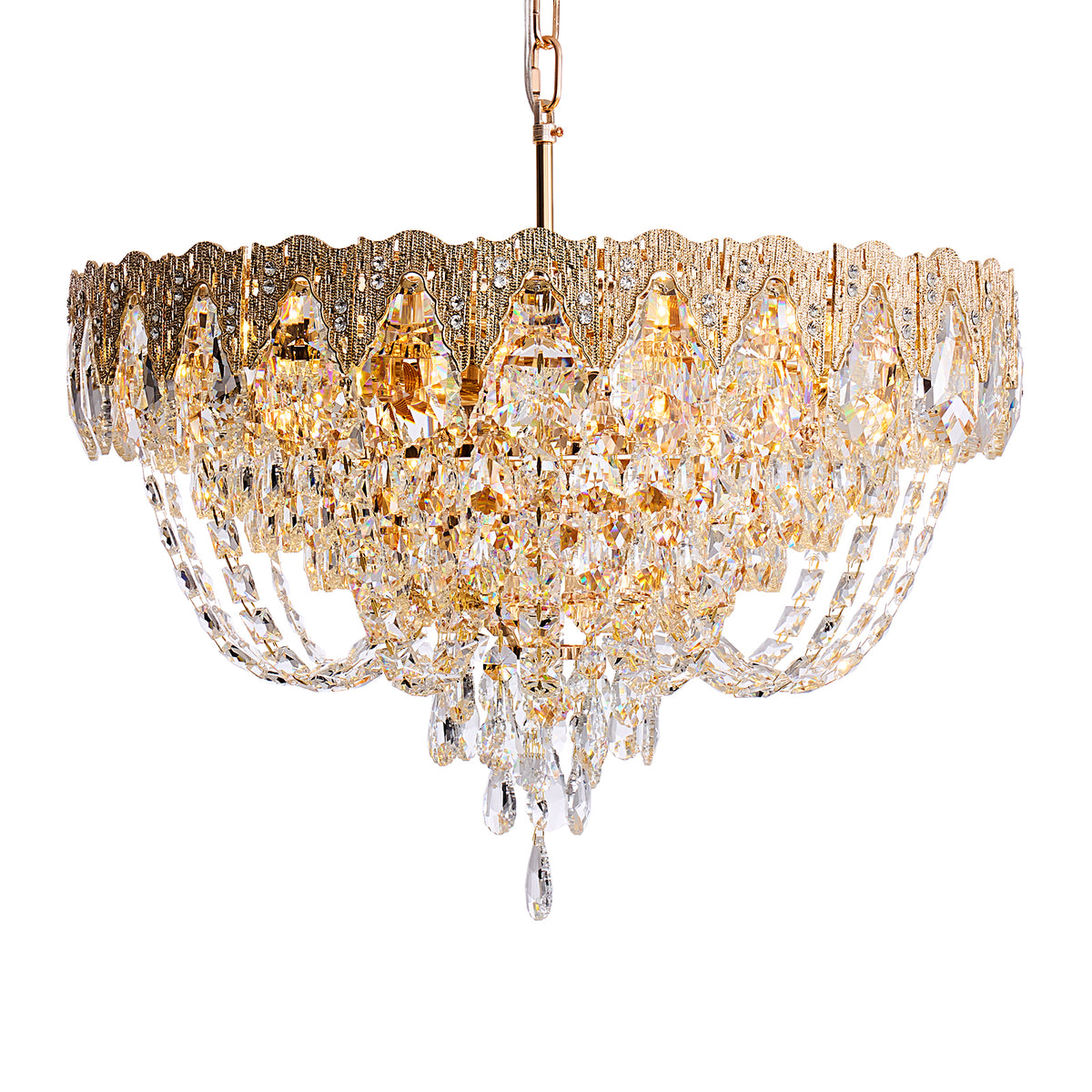 Auremont Classic Luxury Gold Crystal Cascading Round Chandelier