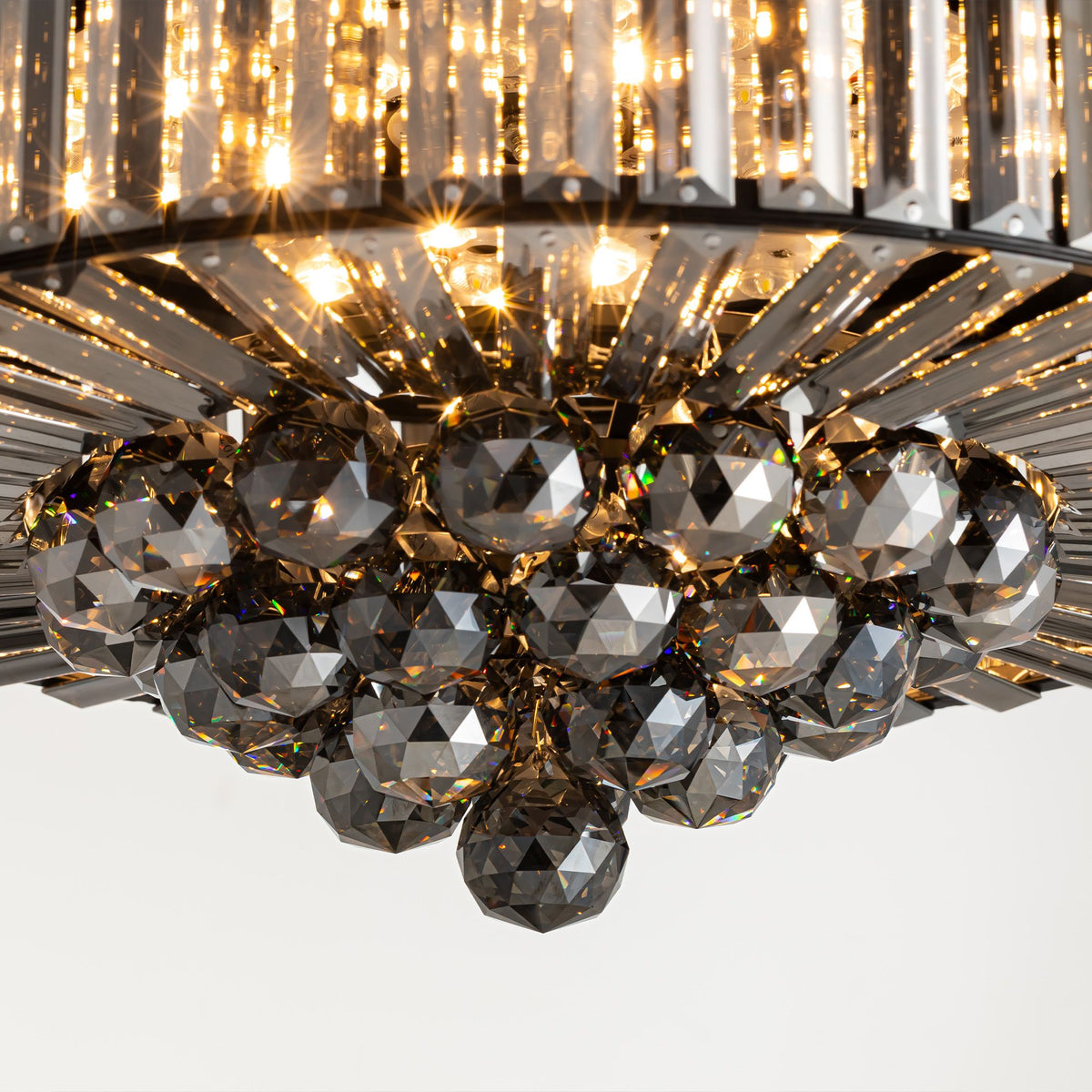 Faceted smoky crystal balls chandelier bottom — 36" black fandelier, K9 crystal prism glow, luxury ceiling fan light | Sofary Lighting