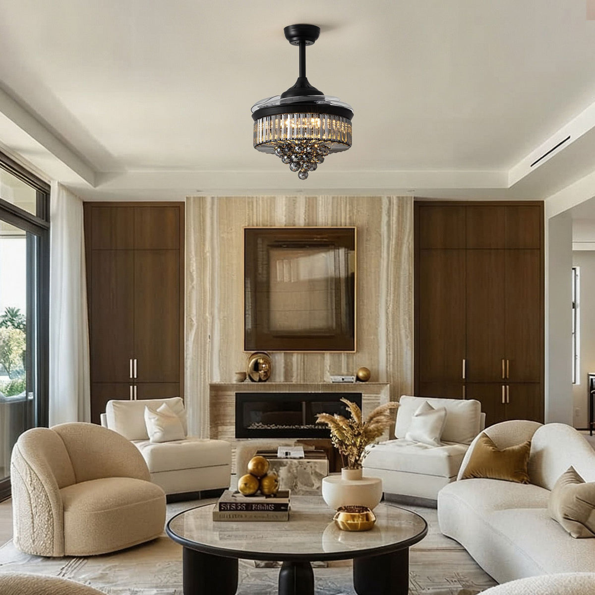36" crystal retractable fandelier in luxury living room — black LED ceiling fan, travertine fireplace, curved white sofa, warm crystal sparkle | Sofary Lighting