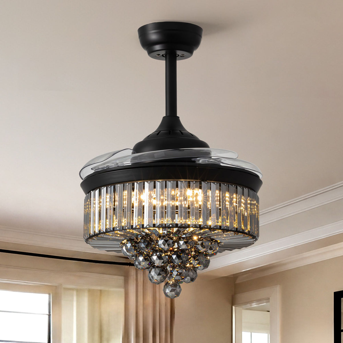 36" crystal retractable ceiling fan with blades closed — black fandelier chandelier, K9 crystal prisms, warm LED glow, invisible blade design | Sofary Lighting