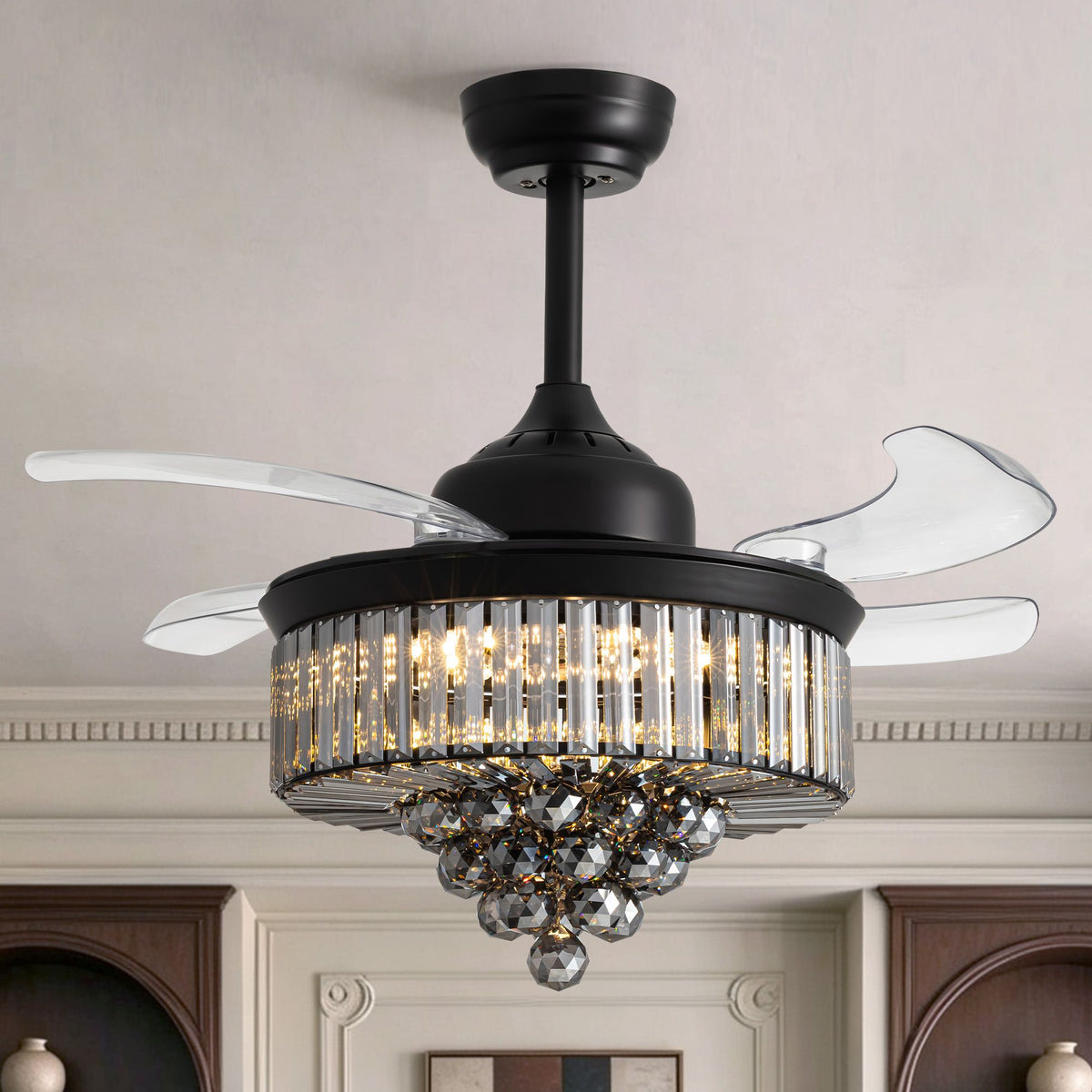 36" Modern Crystal Retractable LED Fandelier Ceiling Fan with Light — black finish, clear retractable blades open, glowing crystal chandelier shade | Sofary Lighting