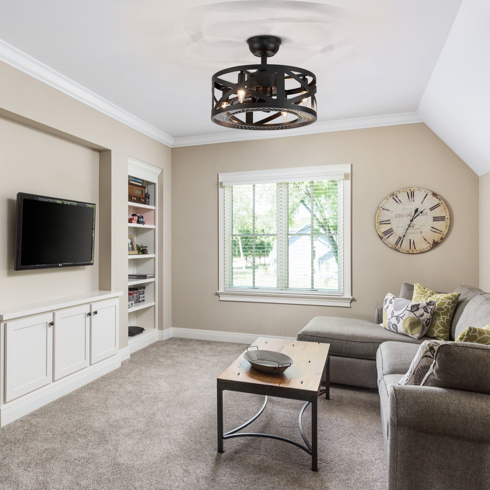 Modern Industrial Caged Ceiling Fan with Light