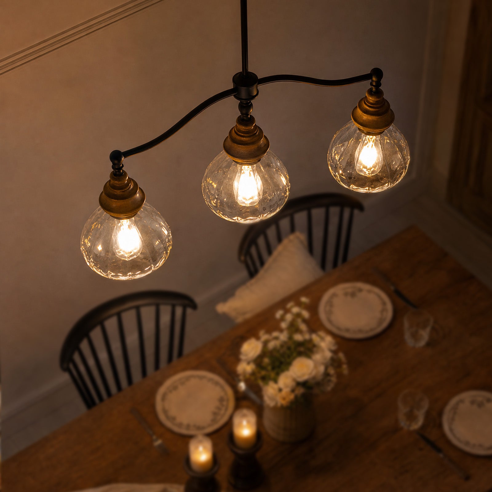Brinley Vintage Farmhouse Bronze Clear Ripple Glass 3-Light Linear Chandelier