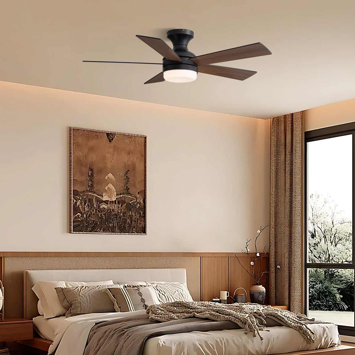 42" black ceiling fan in cozy bedroom — upholstered bed, warm neutral bedding, wood nightstand, large window with natural light, quiet flush mount design | Sofary Lighting