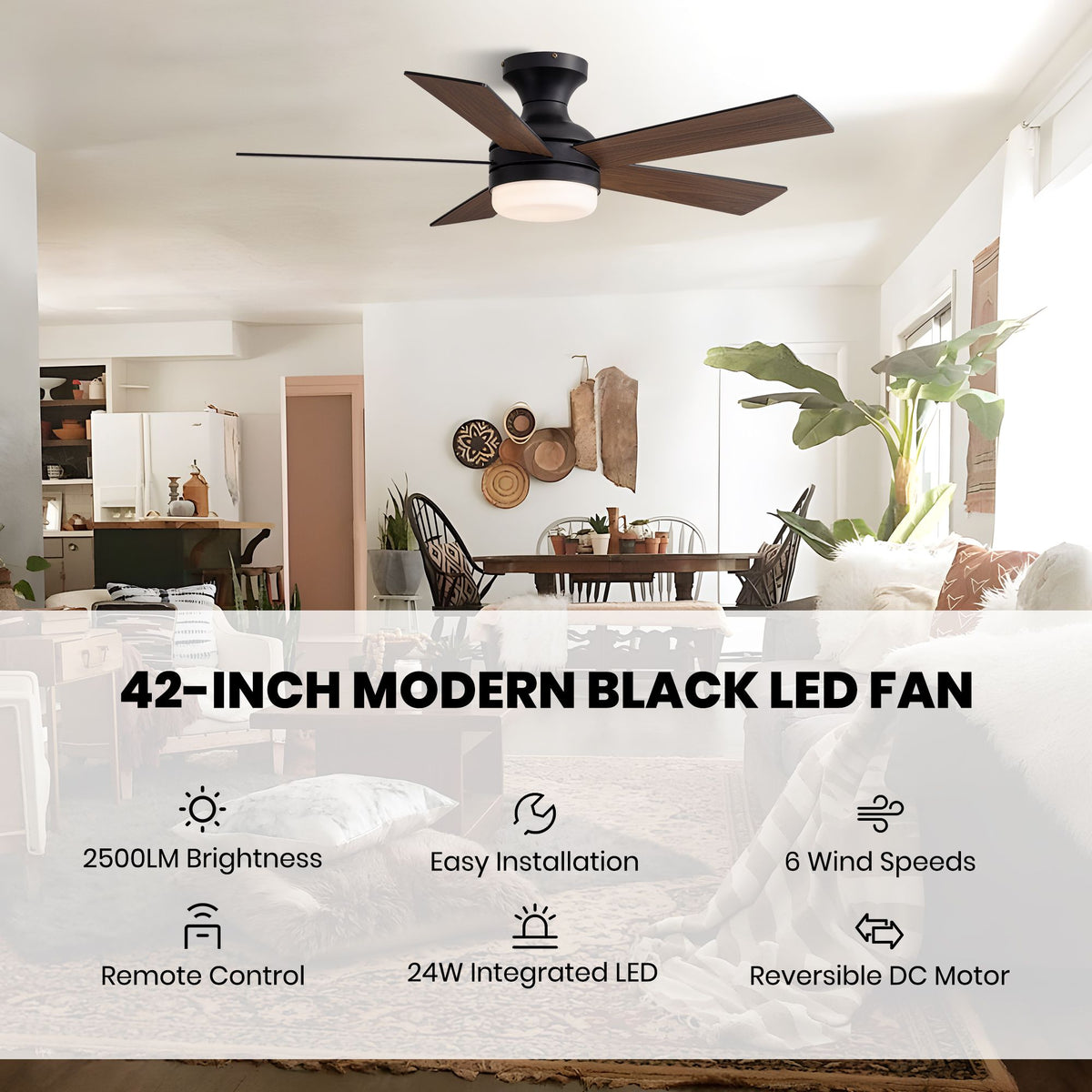 42" Modern Black LED Ceiling Fan features — 2500LM brightness, 24W integrated LED, 6 wind speeds, reversible DC motor, remote control, easy installation, bright open-concept living and dining room | Sofary Lighting