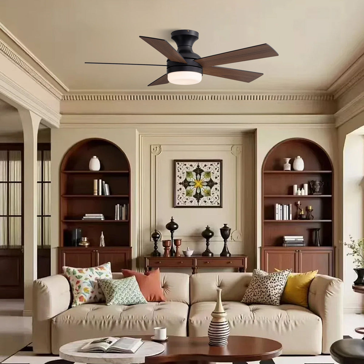 Modern black ceiling fan in elegant living room — beige sofa, arched built-in shelves, decorative wall art, wood coffee table, warm ambient LED lighting | Sofary Lighting