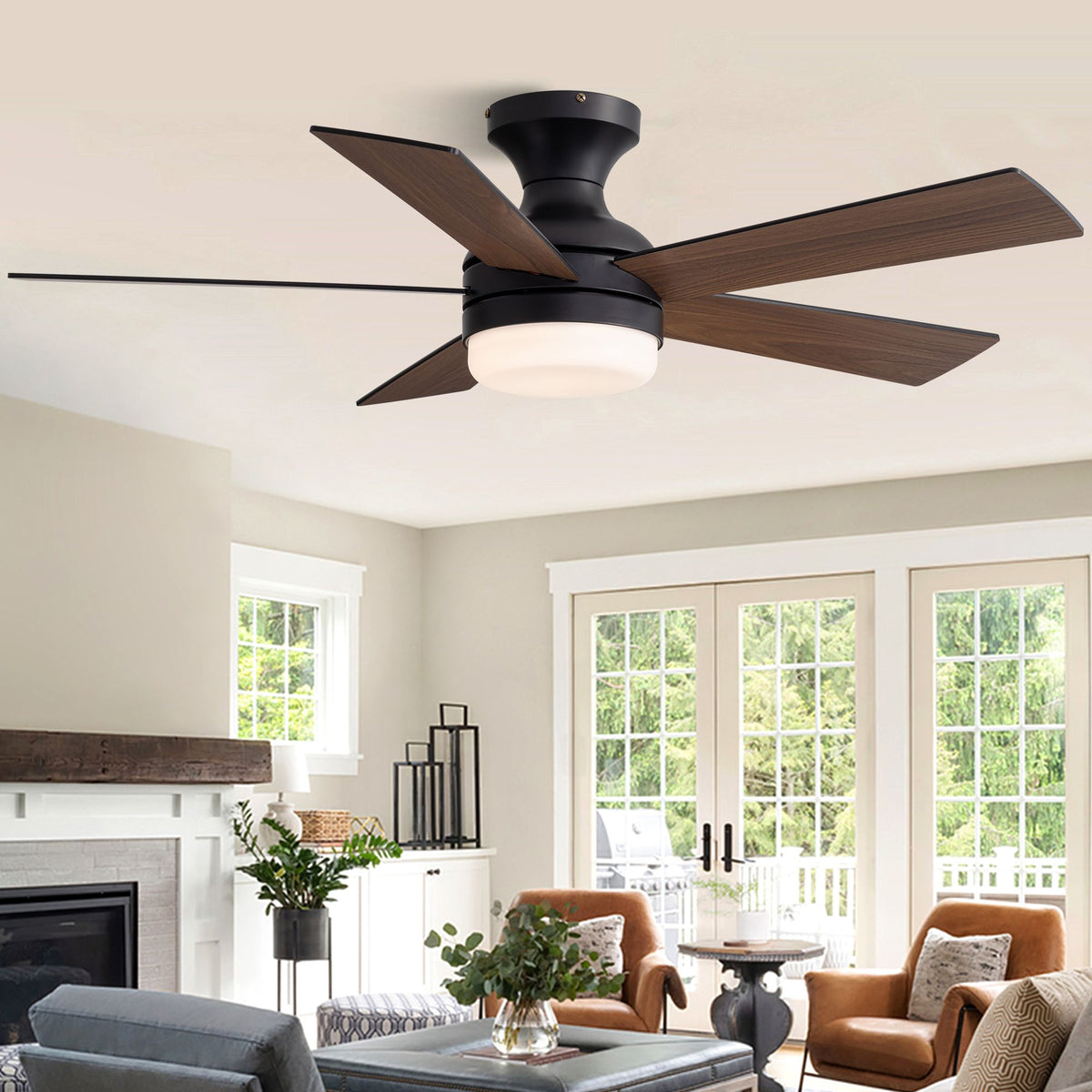 42" Modern Farmhouse Black Ceiling Fan with LED Light — matte black flush mount motor, 5 dark wood blades with extension rod, white round LED light diffuser, modern living room with fireplace | Sofary Lighting