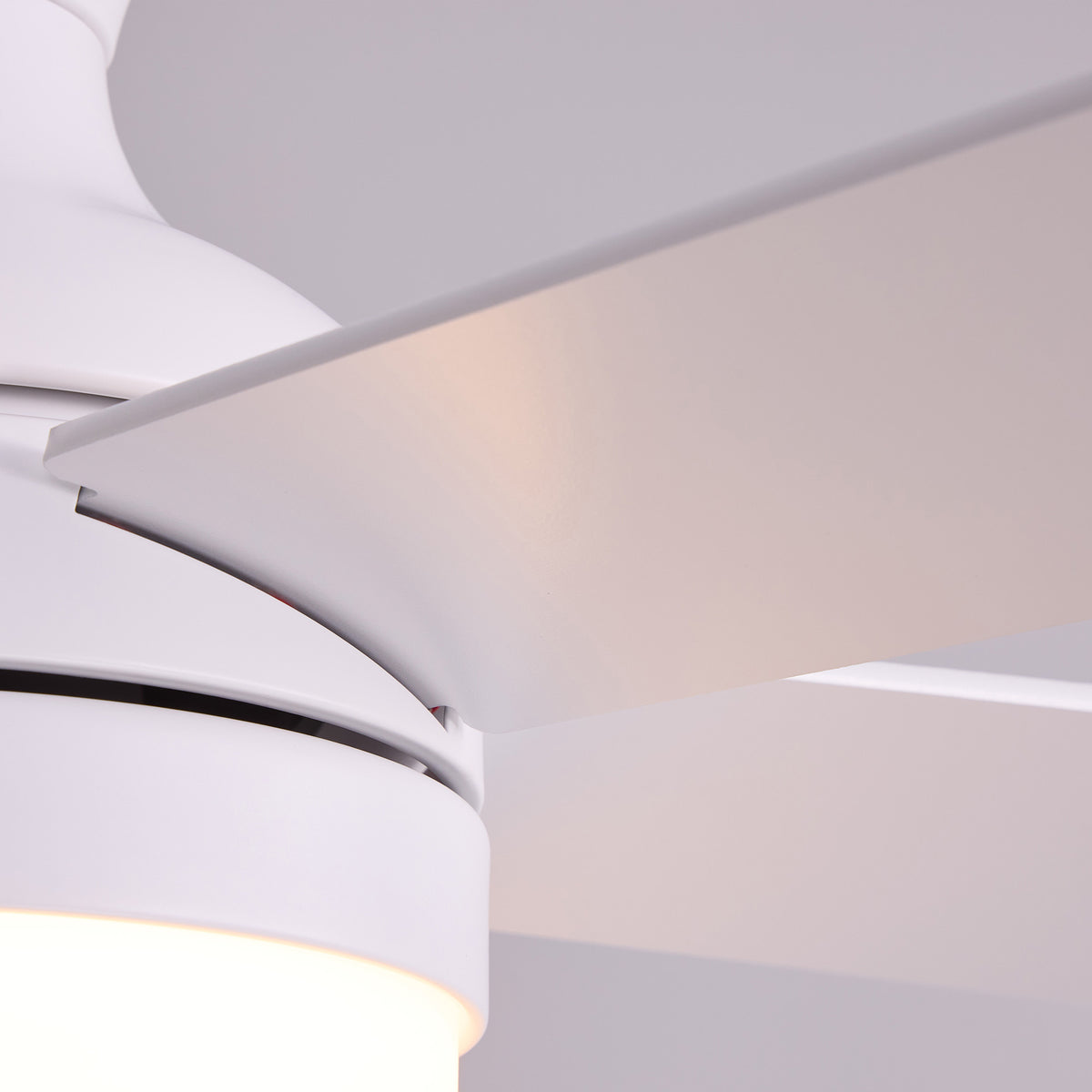 Close-up of white ceiling fan blade — smooth matte finish, rounded edge, dual-color blade detail, modern minimalist craftsmanship | Sofary Lighting