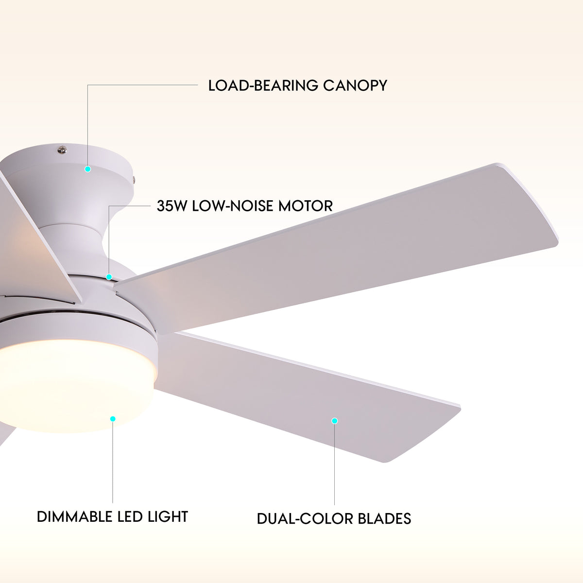 Ceiling fan structure details — load-bearing canopy, 35W low-noise motor, dimmable LED light, dual-color blades, functional component breakdown | Sofary Lighting