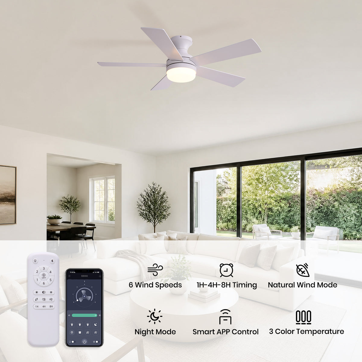 Smart white ceiling fan features — 6 wind speeds, 1H/4H/8H timing, natural wind mode, night mode, smart app control, 3 color temperatures, modern living room decor | Sofary Lighting