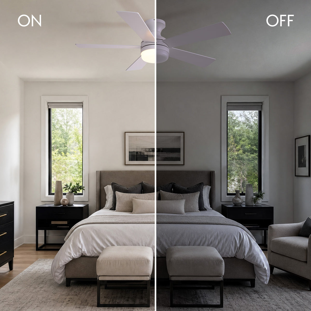 LED light on and off comparison in bedroom — warm glow when on, clean minimal white fan when off, flush mount design | Sofary Lighting