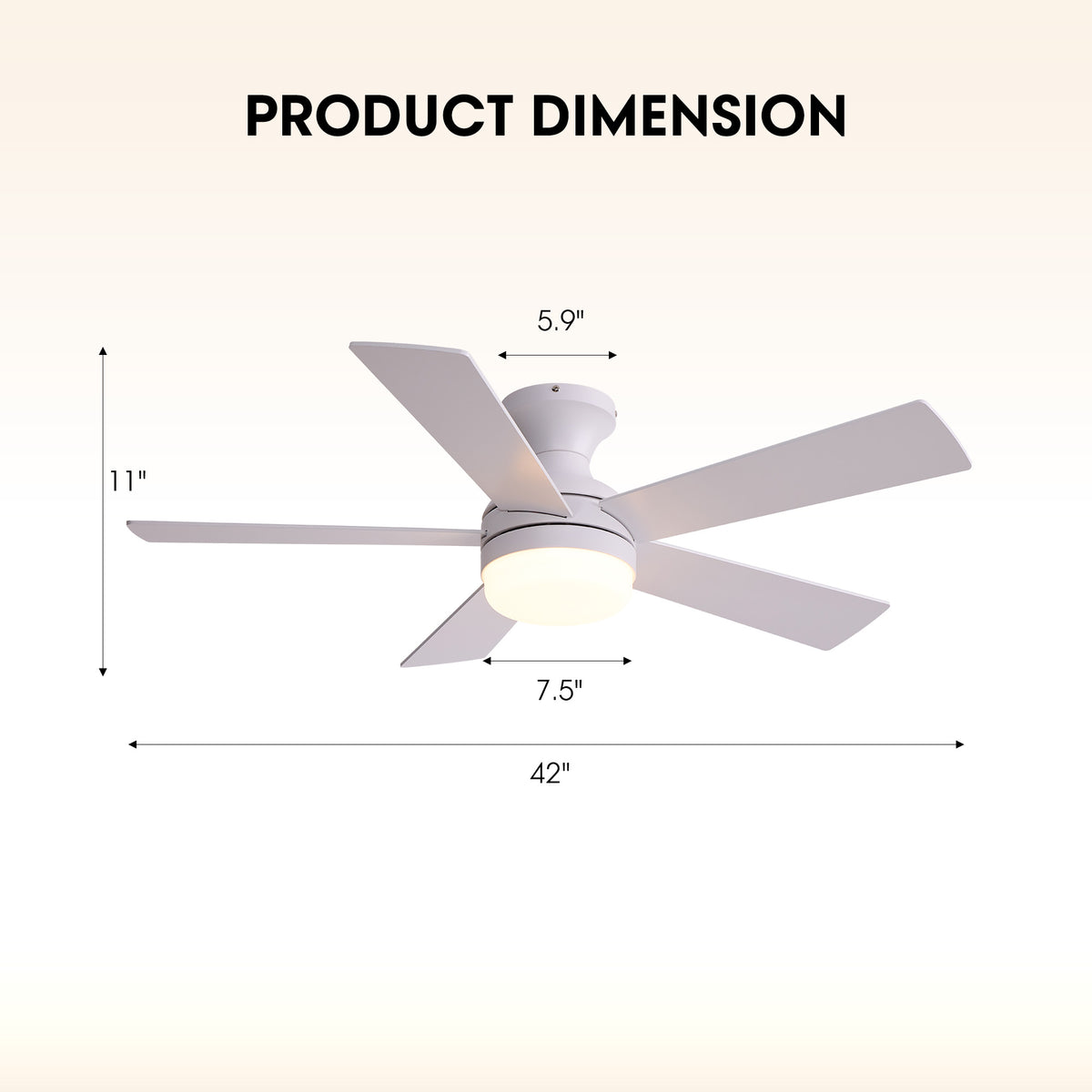 42" modern white ceiling fan product dimension — 42" width, 11" height, 5.9" canopy, 7.5" light diameter, flush mount size chart | Sofary Lighting