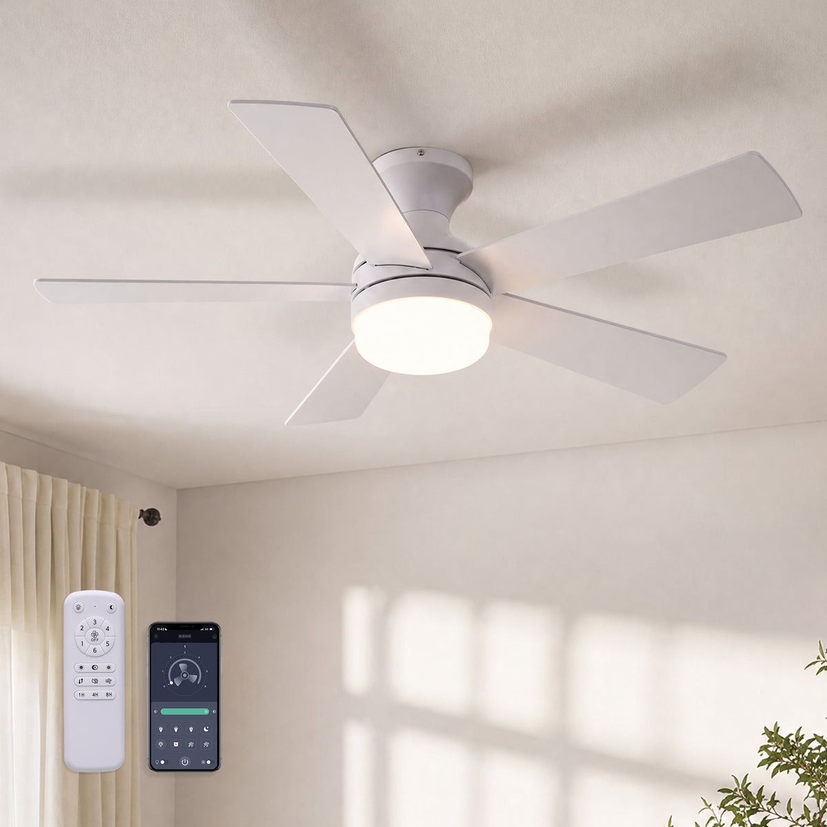 42" Modern White Flush Mount Ceiling Fan with LED Light — 5 white blades, round integrated LED light, remote & smart app control, sleek low-profile design | Sofary Lighting