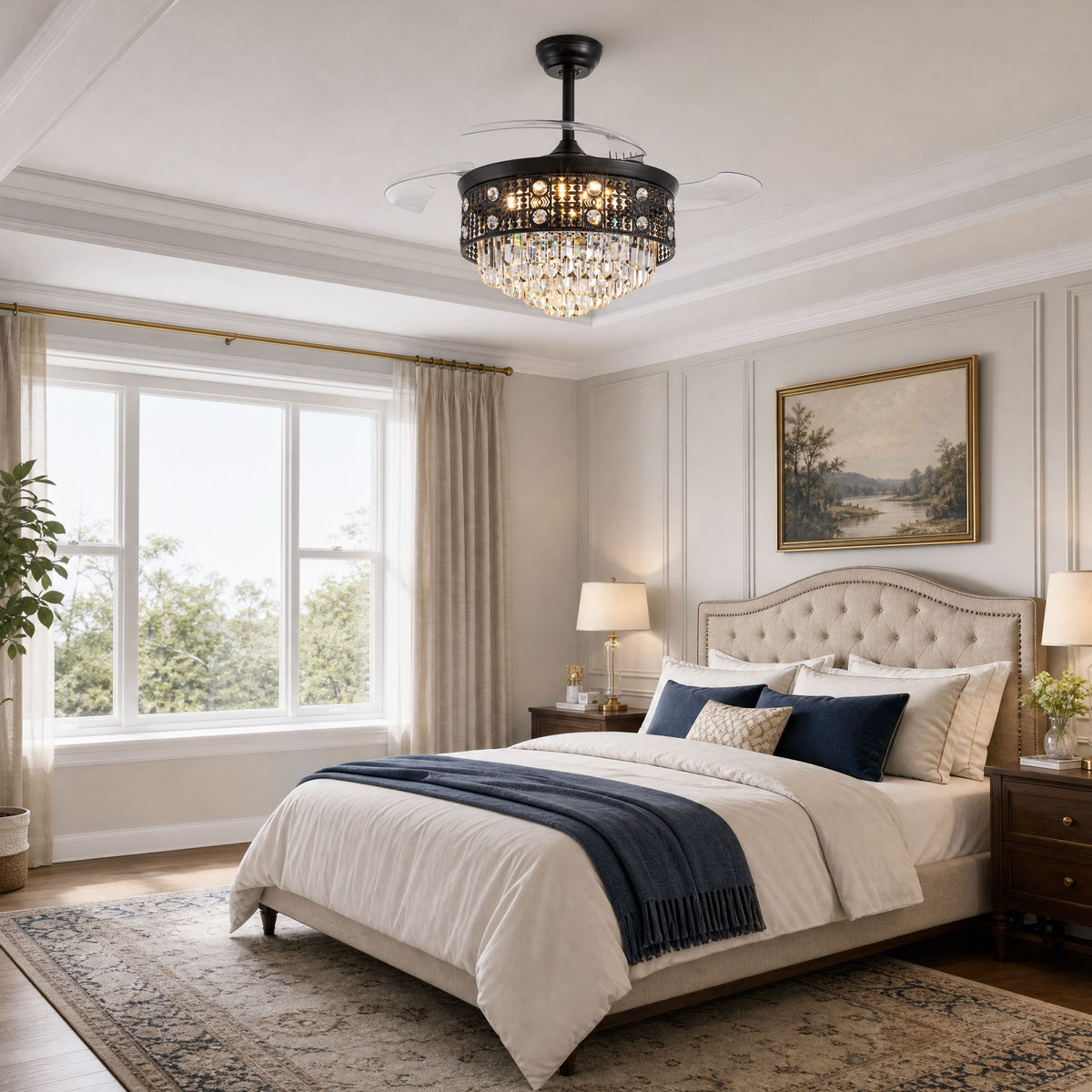 Black crystal ceiling fan in serene bedroom — upholstered headboard, neutral bedding, nightstands with lamps, window with natural light | Sofary Lighting