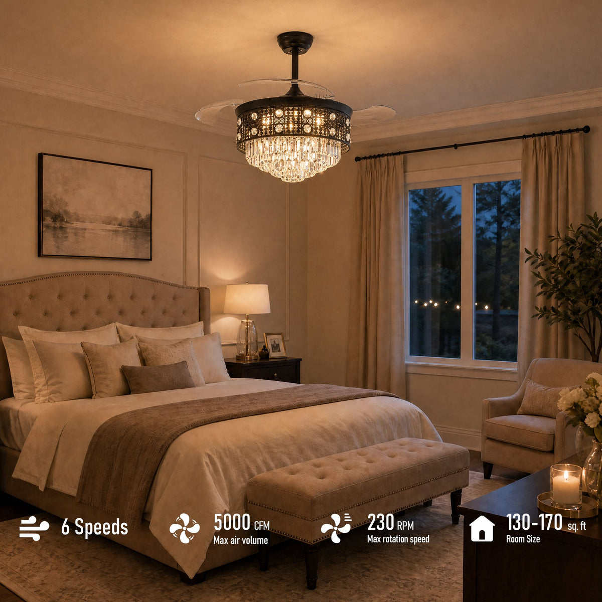 48" Black Crystal Retractable Ceiling Fan features — 6 speeds, reversible DC motor, retractable blades, dimmable LED, remote control, timer, whisper quiet, luxury bedroom setting | Sofary Lighting