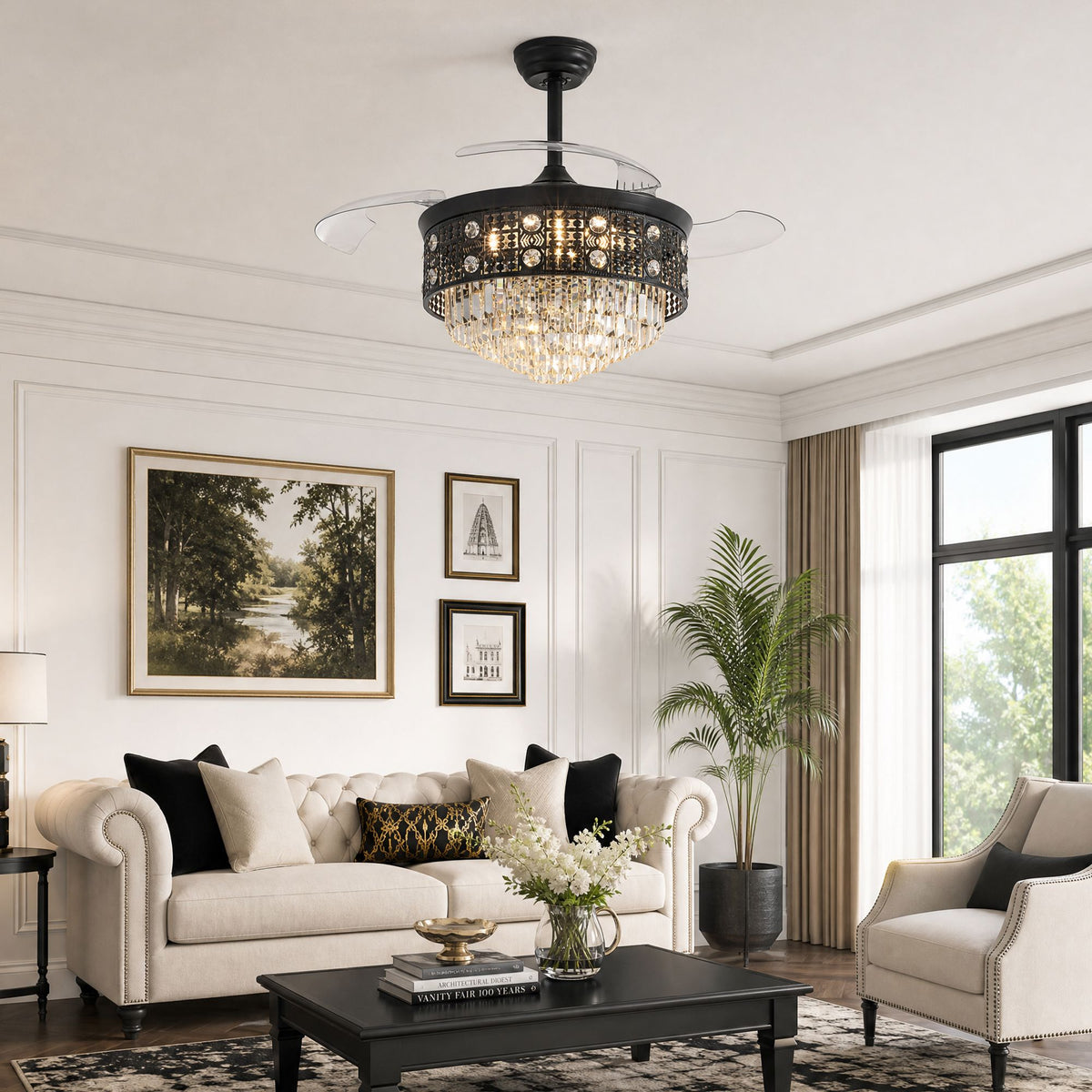 Black crystal retractable ceiling fan in modern living room — beige tufted sofa, armchairs, coffee table, large windows, crystal chandelier accent | Sofary Lighting