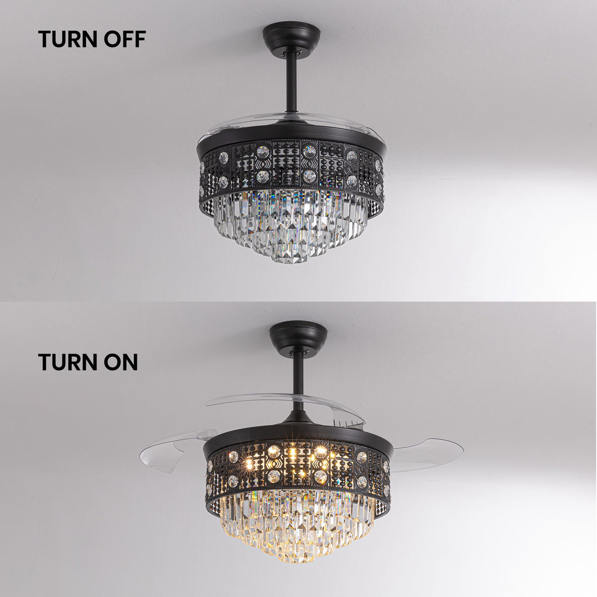Black crystal ceiling fan TURN OFF vs TURN ON — left blades retracted, fan off with crystal accents visible; right blades extended, warm LED illuminated through crystal pendants | Sofary Lighting