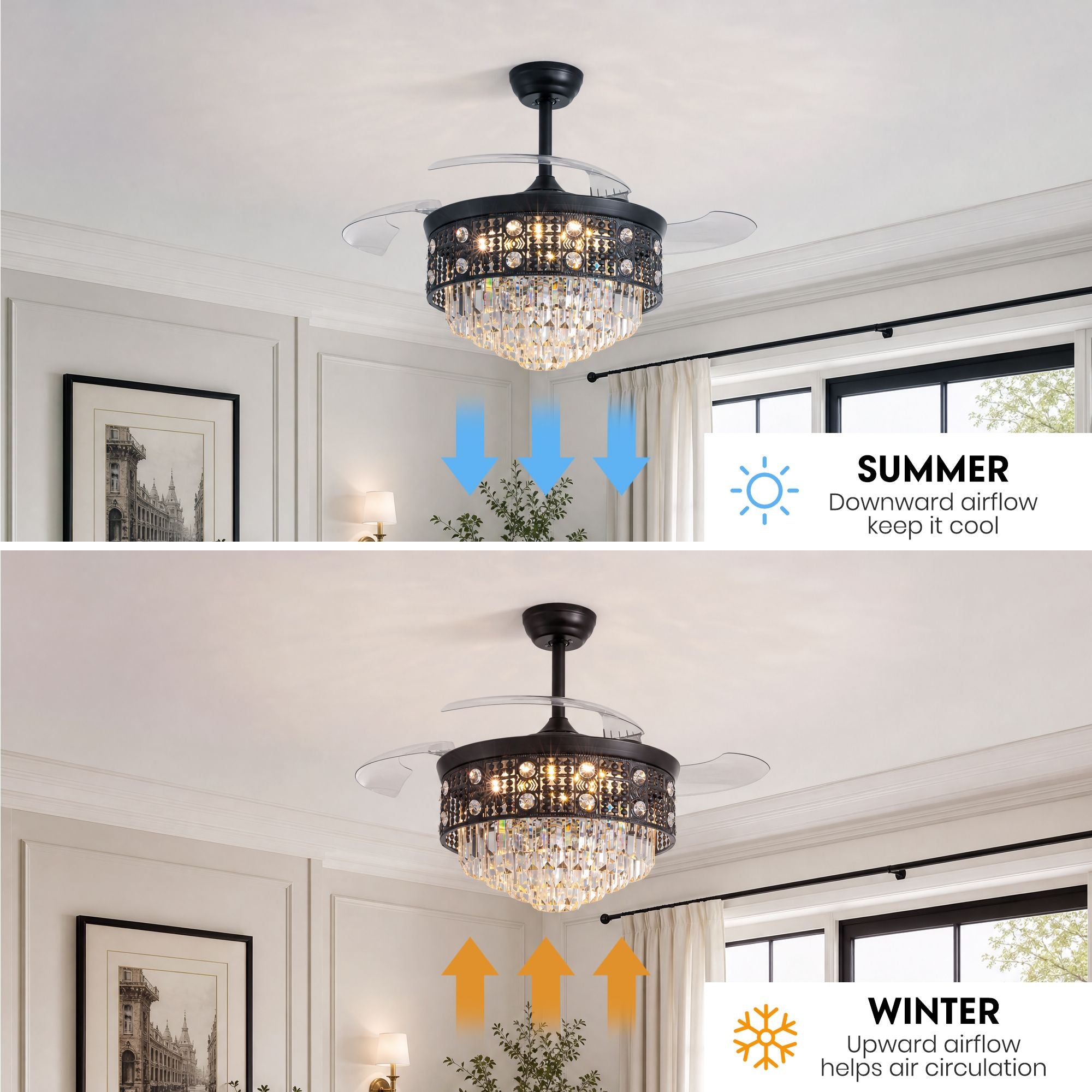 Retractable ceiling fan reversible motor — summer downdraft cooling mode with blue downward arrows, winter updraft air circulation mode with orange upward arrows | Sofary Lighting