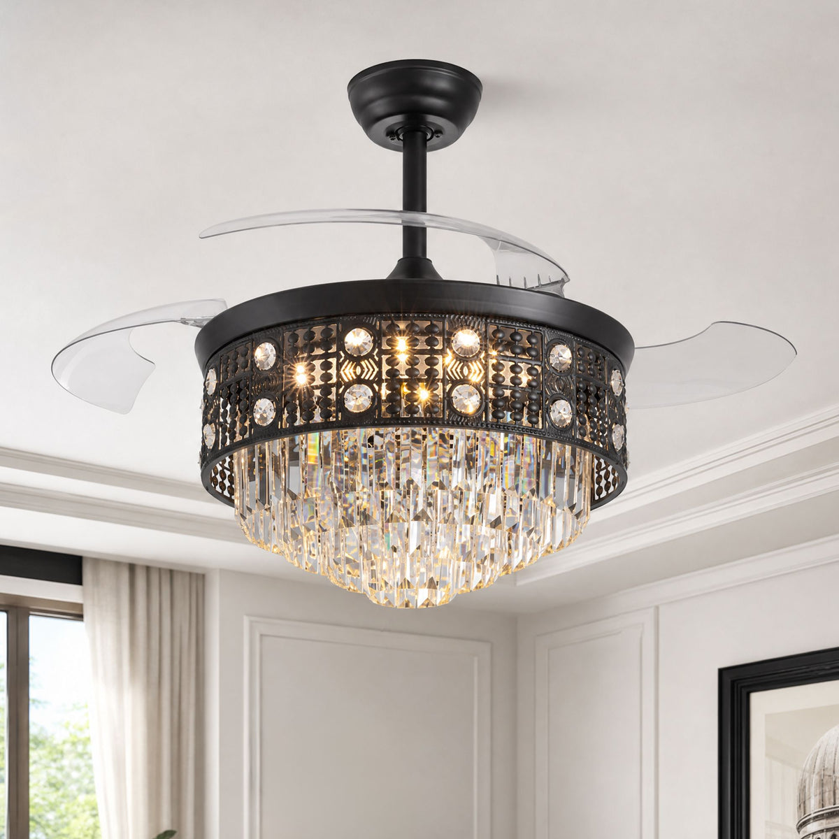 48" Black Crystal Retractable Ceiling Fan with LED Light — black metal frame, crystal accents, transparent retractable blades, warm LED glow, modern bedroom with window and armchair | Sofary Lighting