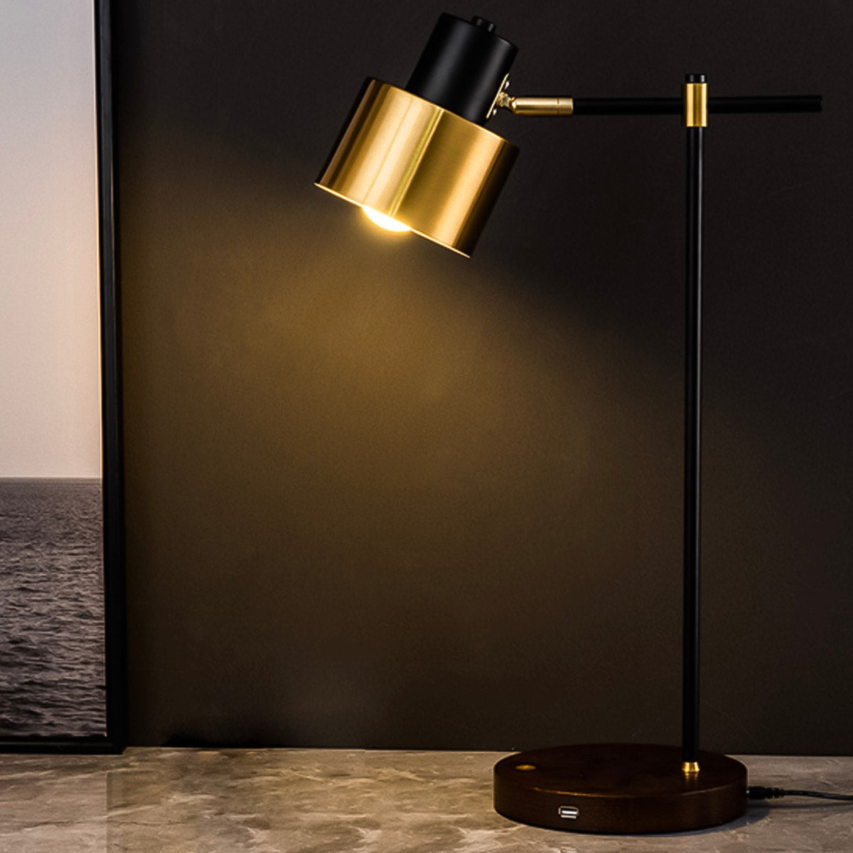 Gold & Black Table Lamp With Wirelss Charger USB - Modern Design - Living Room