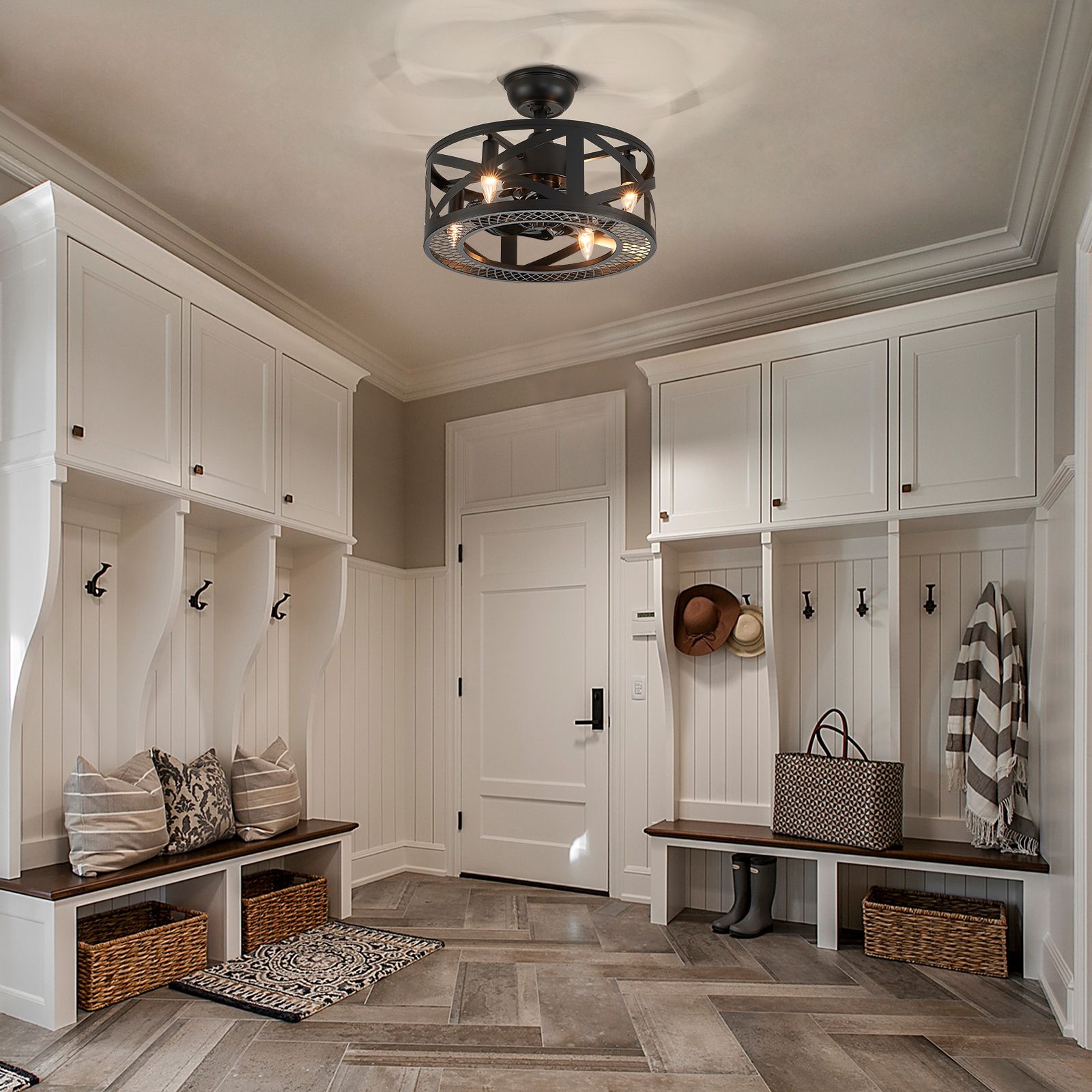 Modern Industrial Caged Ceiling Fan with Light