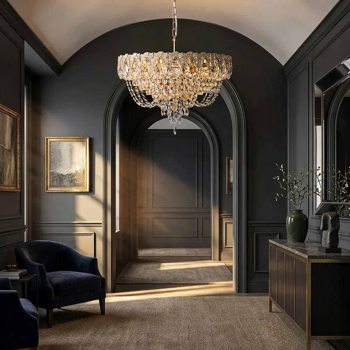 Auremont Classic Luxury Gold Crystal Cascading Round Chandelier