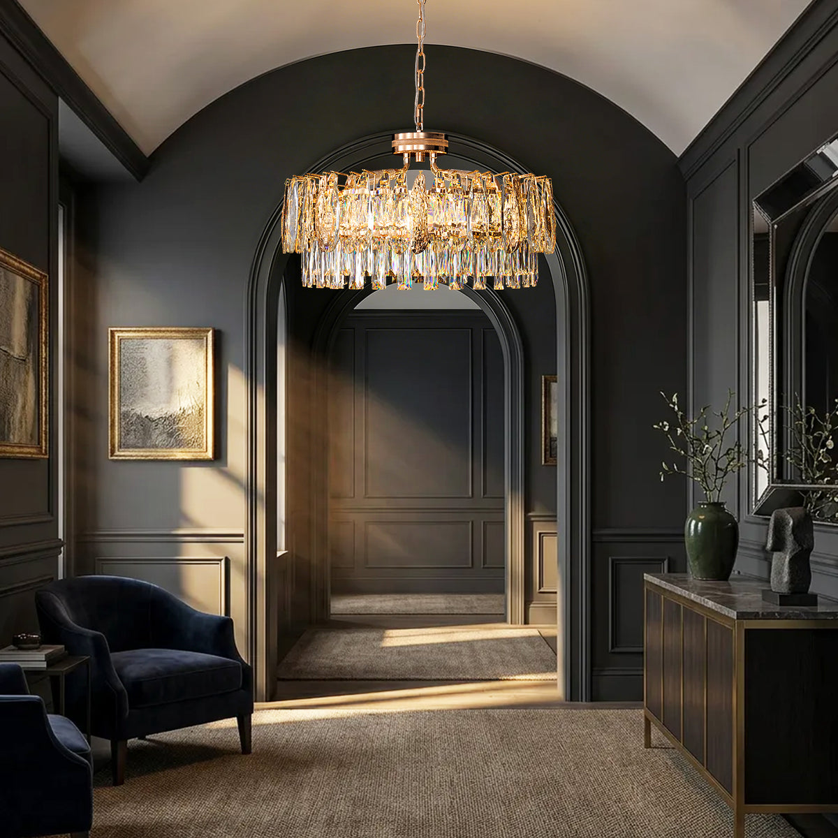 Delvienne Modern Luxury Gold Crystal Double-Tier Round Chandelier