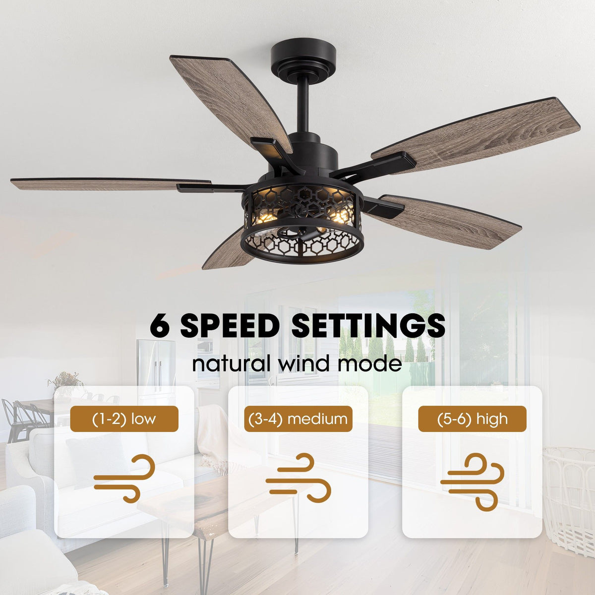 6 speed settings ceiling fan — 1-2 low, 3-4 medium, 5-6 high, natural wind mode, customizable airflow for farmhouse decor | Sofary Lighting
