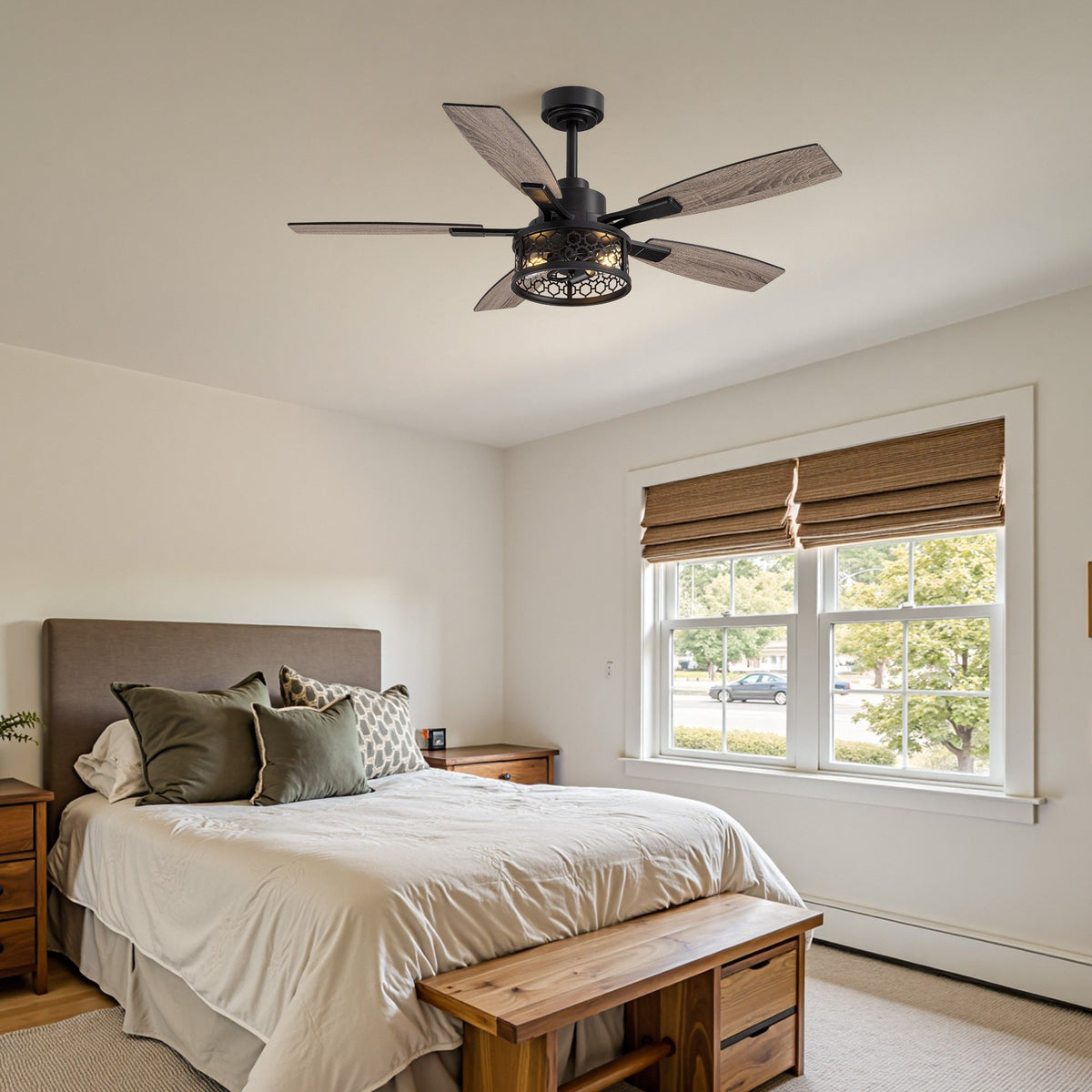 Rustic caged fan in bedroom — wood bench, bamboo shades, neutral bedding, cozy farmhouse style | Sofary Lighting
