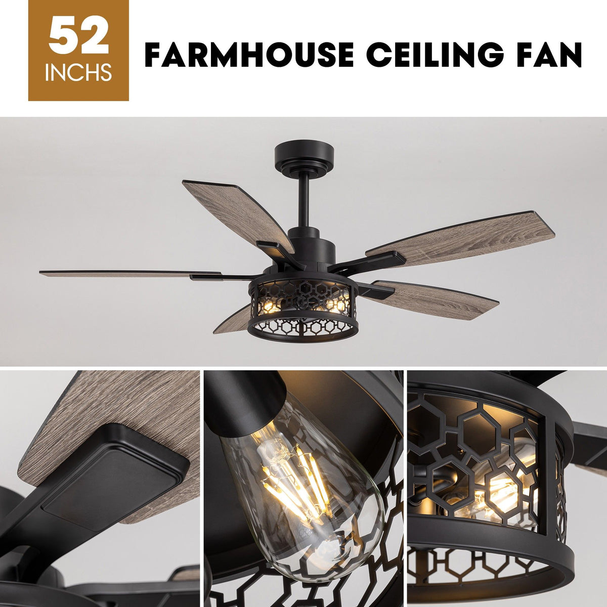 52" farmhouse ceiling fan detail — honeycomb cage shade, vintage Edison bulb, wood grain blade close-up, rustic craftsmanship | Sofary Lighting