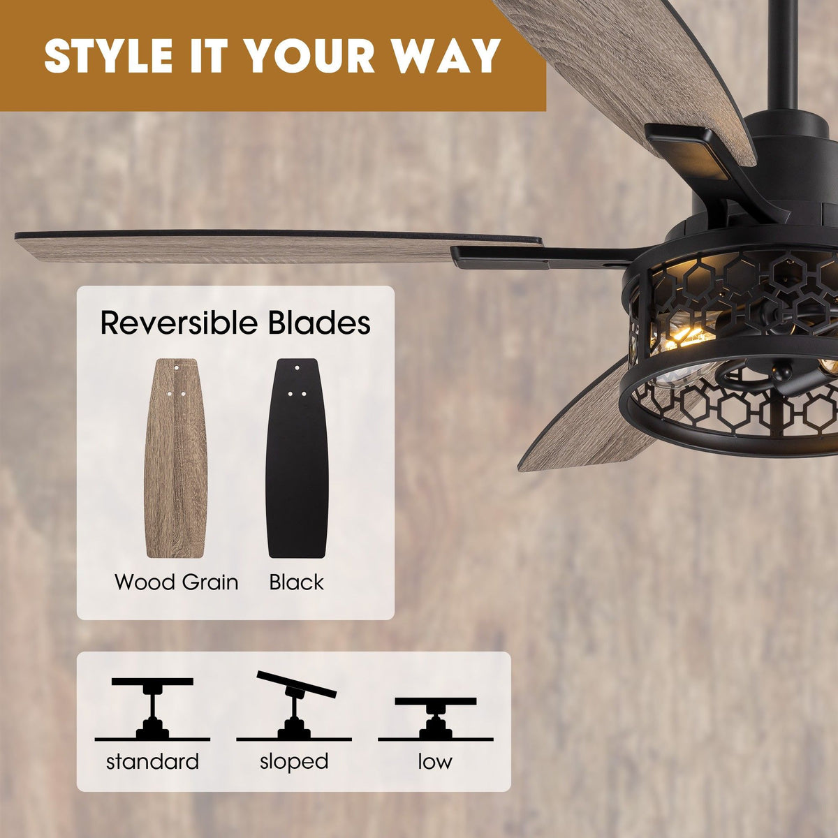 Reversible blades wood grain & black finish, compatible with standard/sloped/low ceilings, versatile farmhouse styling | Sofary Lighting