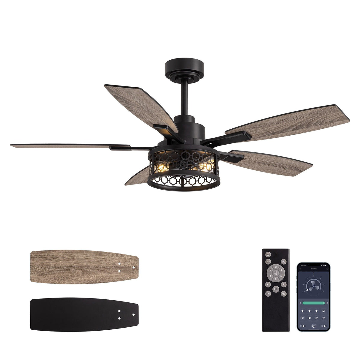 51" Farmhouse Caged Ceiling Fan with Light and Remote Control — 5 reversible wood/black blades, black honeycomb cage shade, E26 bulb base, remote & app control, rustic fandelier | Sofary Lighting