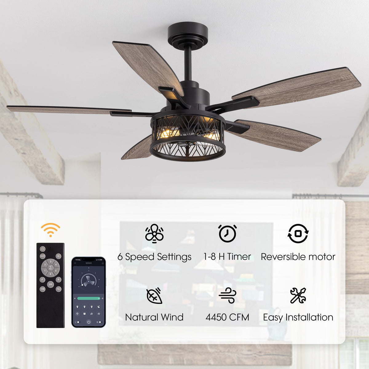 51" Farmhouse Ceiling Fan features — remote & app control, 6 speed settings, 1-8H timer, reversible DC motor, natural wind mode, 4450 CFM, easy installation | Sofary Lighting