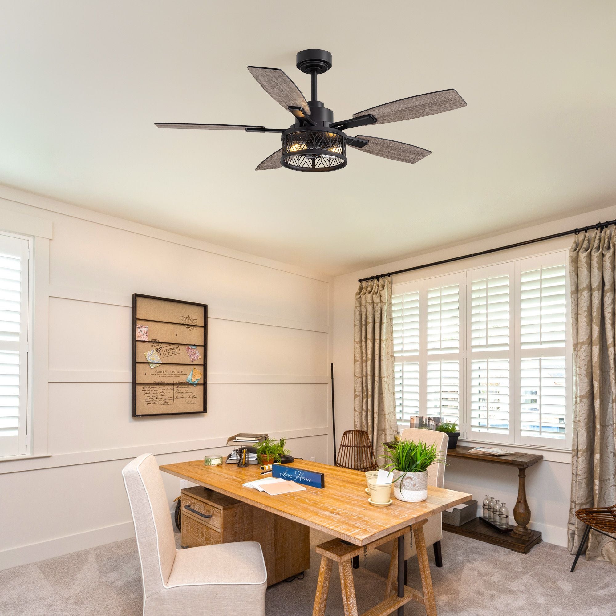 51" farmhouse ceiling fan in home office — wooden desk, white chair, shiplap walls, window with curtains, rustic workspace lighting | Sofary Lighting