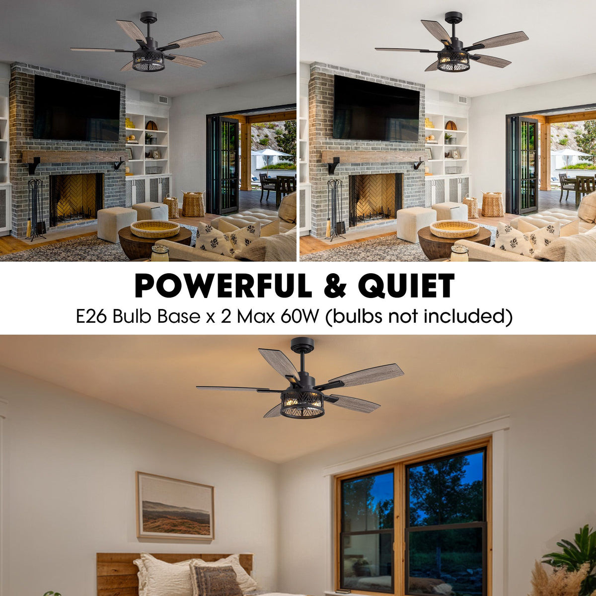 Powerful & quiet farmhouse ceiling fan — E26 bulb base x2 max 60W (bulbs not included), quiet DC motor, living room and bedroom scenes | Sofary Lighting