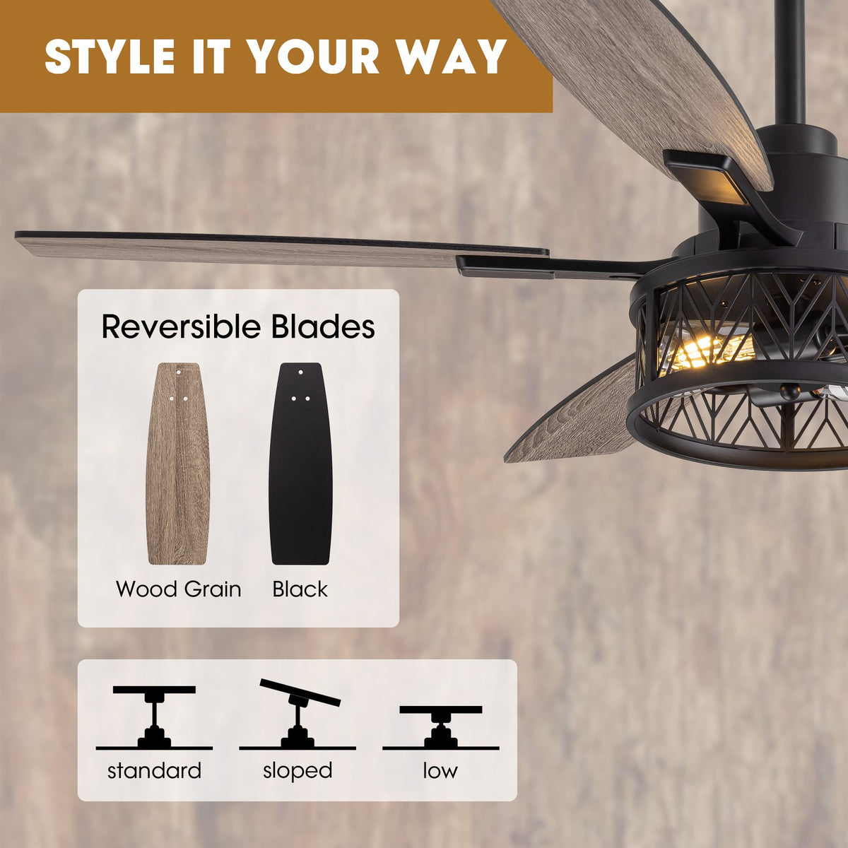 Style it your way — reversible blades wood grain / black finish, standard sloped and low ceiling mounting options, cage light detail | Sofary Lighting