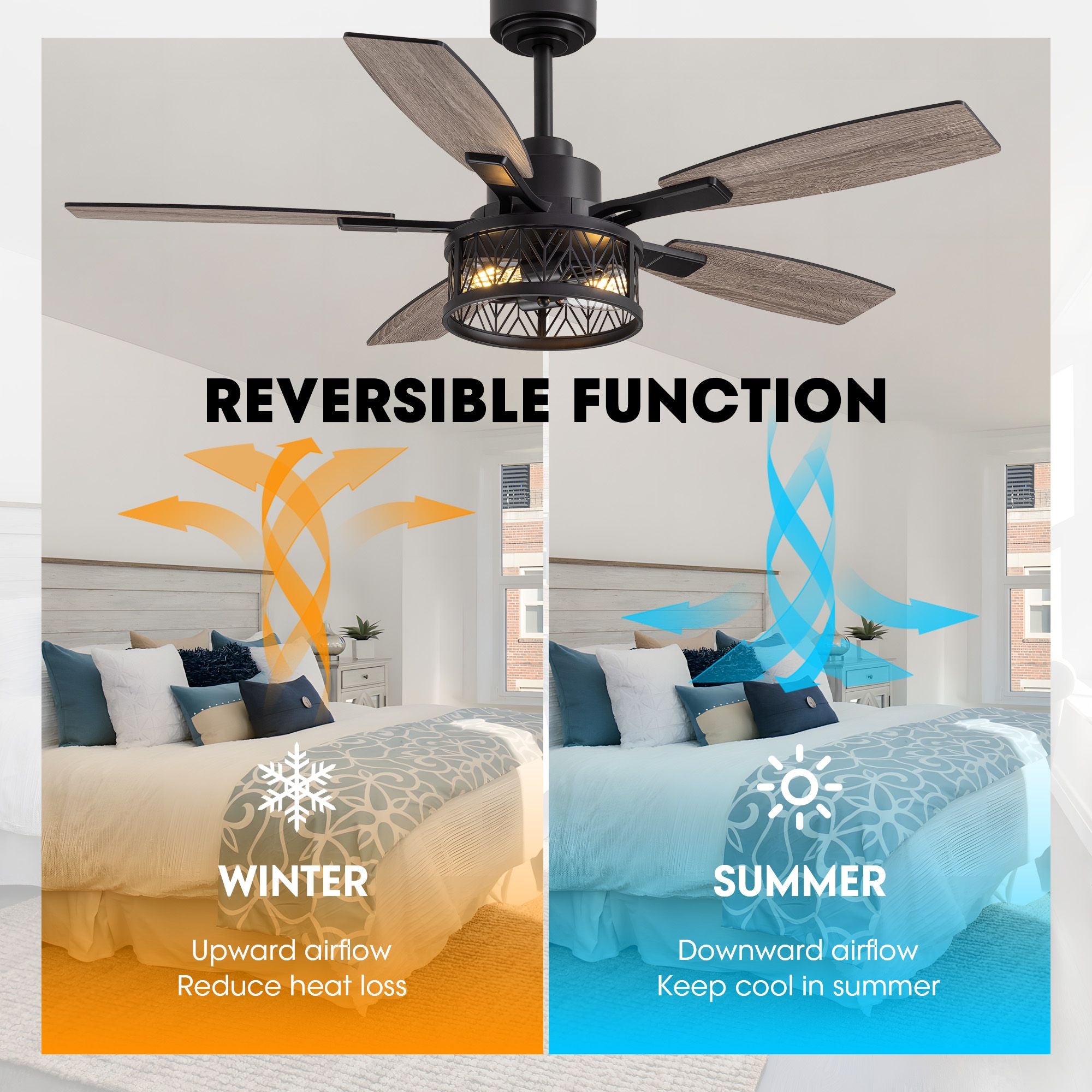 Reversible ceiling fan function — winter upward airflow to reduce heat loss, summer downward airflow to keep cool, bedroom seasonal comfort  | Sofary Lighting