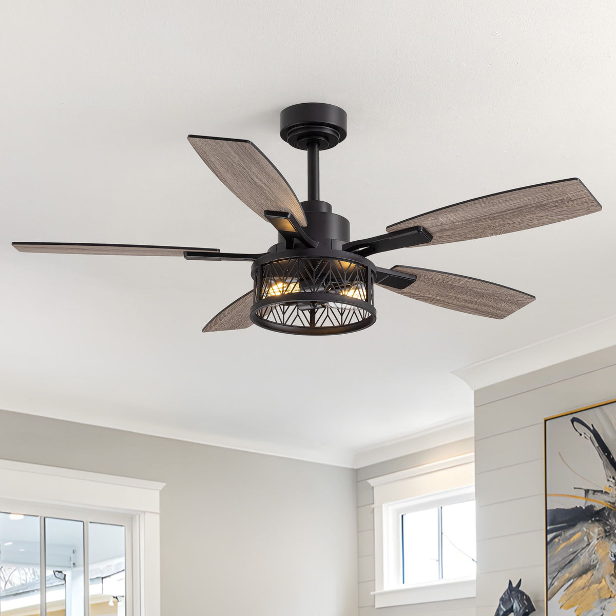 51" Farmhouse Ceiling Fan with LED Light — matte black motor housing, woven cage shade, reversible wood-grain blades, rustic ceiling fan in bright farmhouse interior | Sofary Lighting