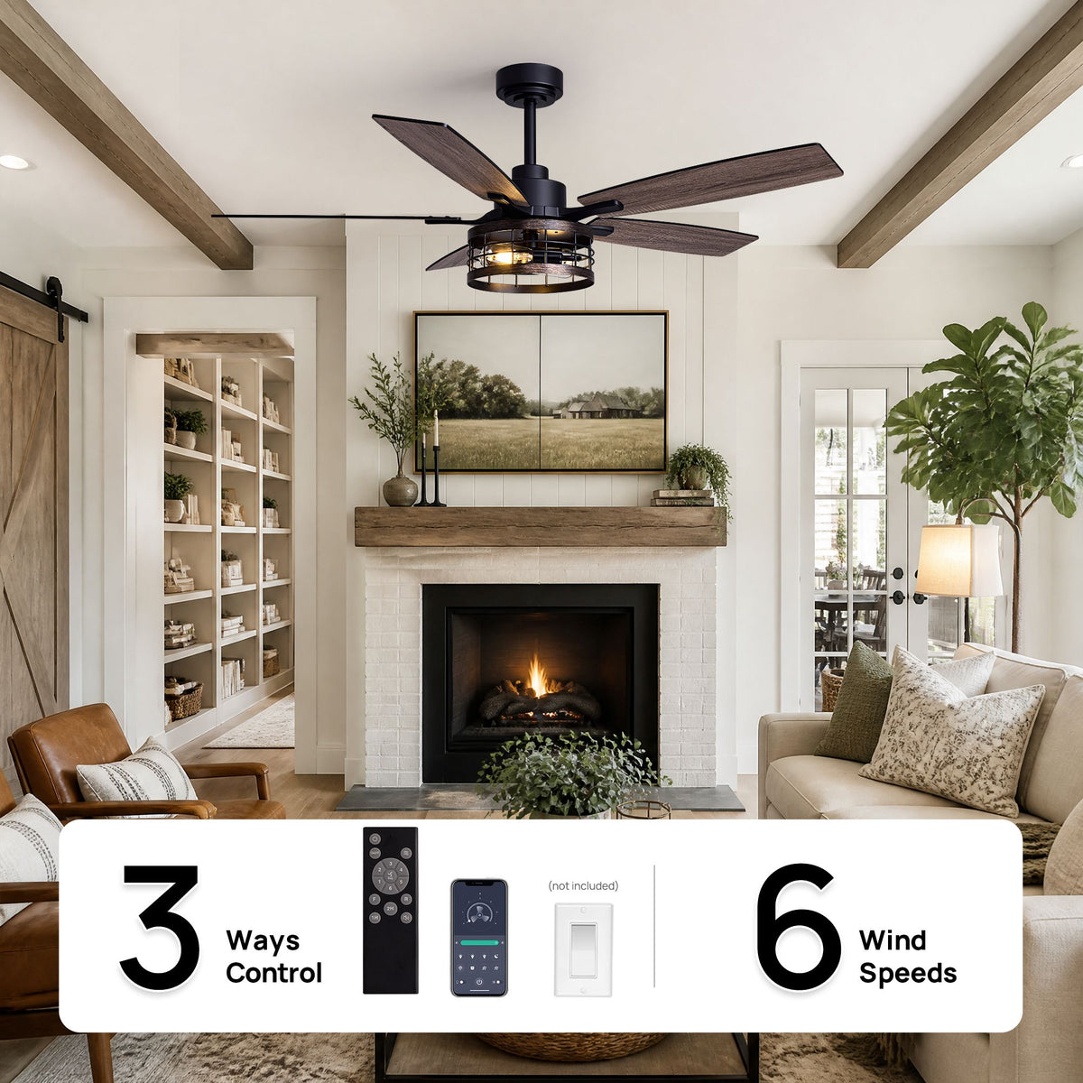 Ceiling fan features 6 wind speeds and 3 ways control — remote, wall switch, farmhouse black caged fandelier | Sofary Lighting