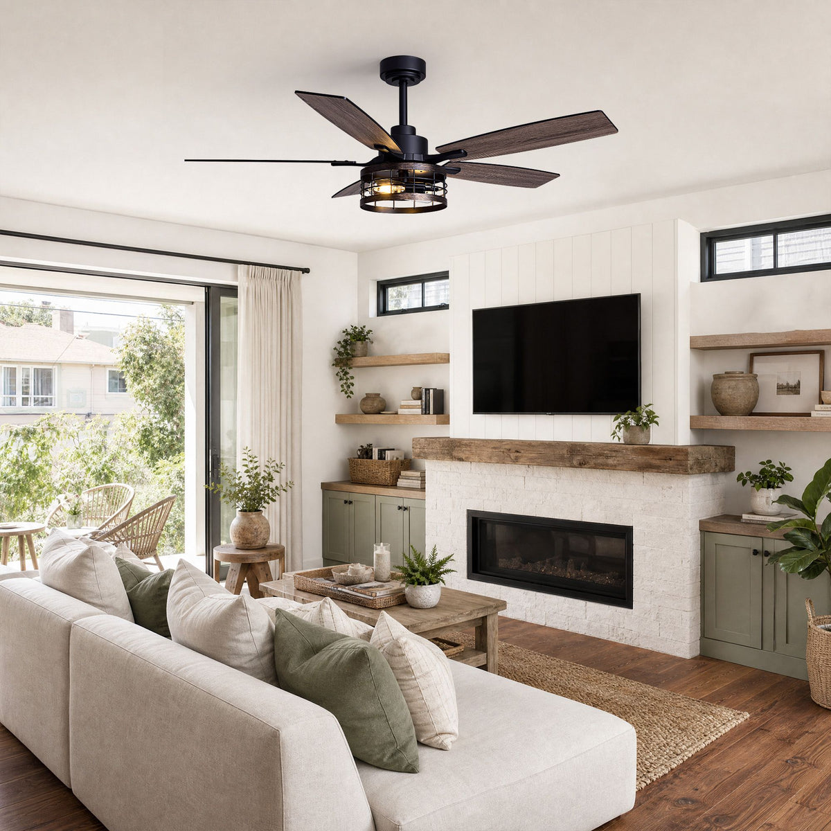 52" Farmhouse caged ceiling fan in living room — black industrial fandelier, warm light, modern rustic decor | Sofary Lighting