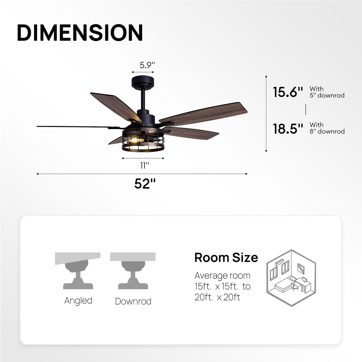 52" farmhouse caged black ceiling fan dimensions — 52" span, 11" light, 5.9" canopy, 15.6" height (5" downrod), 18.5" (8" downrod), fits 15x15 to 20x20 ft room, angled/sloped ceiling compatible | Sofary Lighting