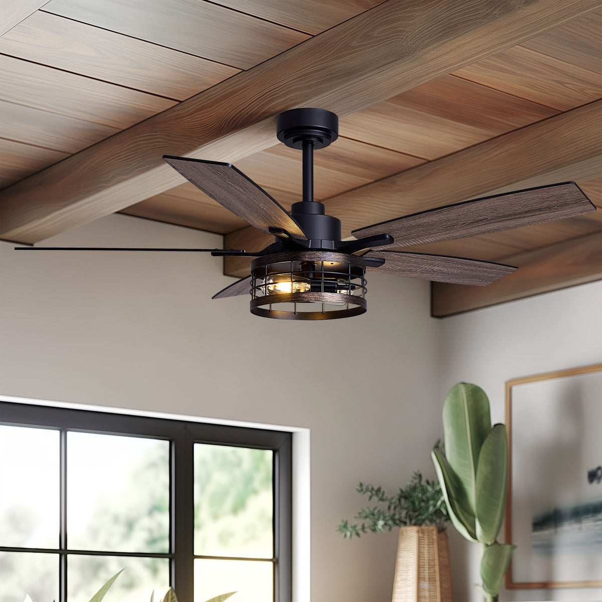 Black caged ceiling fan installed on wooden ceiling — 52" farmhouse fandelier, rustic industrial style, warm light decor | Sofary Lighting
