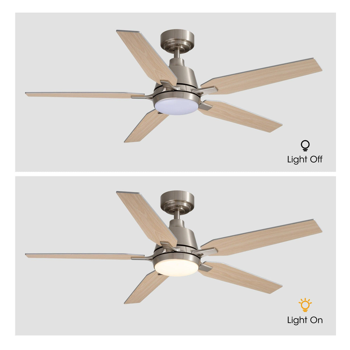 Ceiling fan light off and light on — top fan with light off (white diffuser), bottom fan with warm LED light on, 5 wood blades, brushed nickel housing, gray background | Sofary Lighting