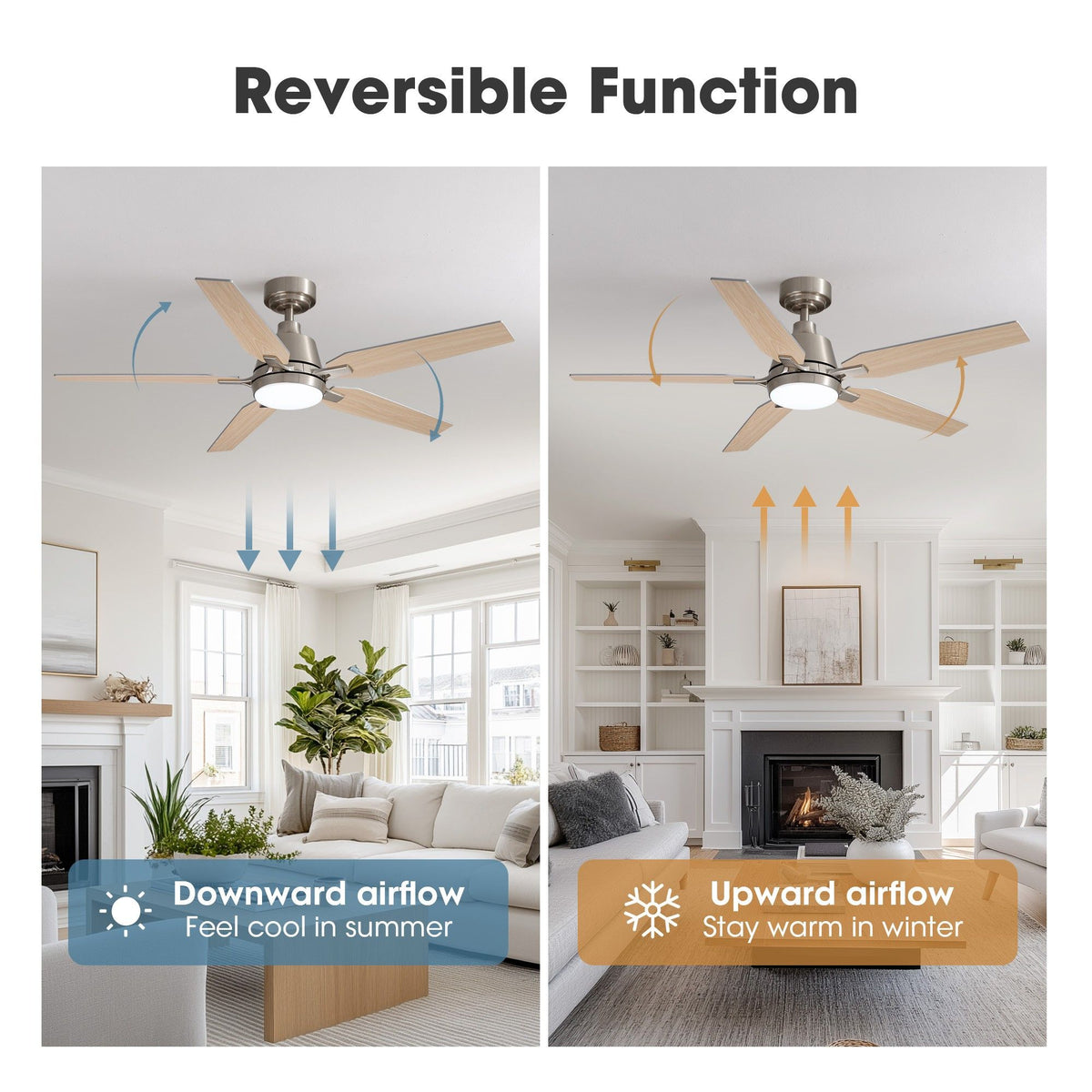 Reversible ceiling fan summer and winter mode — summer forward downward airflow stay cool (blue arrows), winter reverse upward airflow stay warm (orange arrows), living room scene | Sofary Lighting