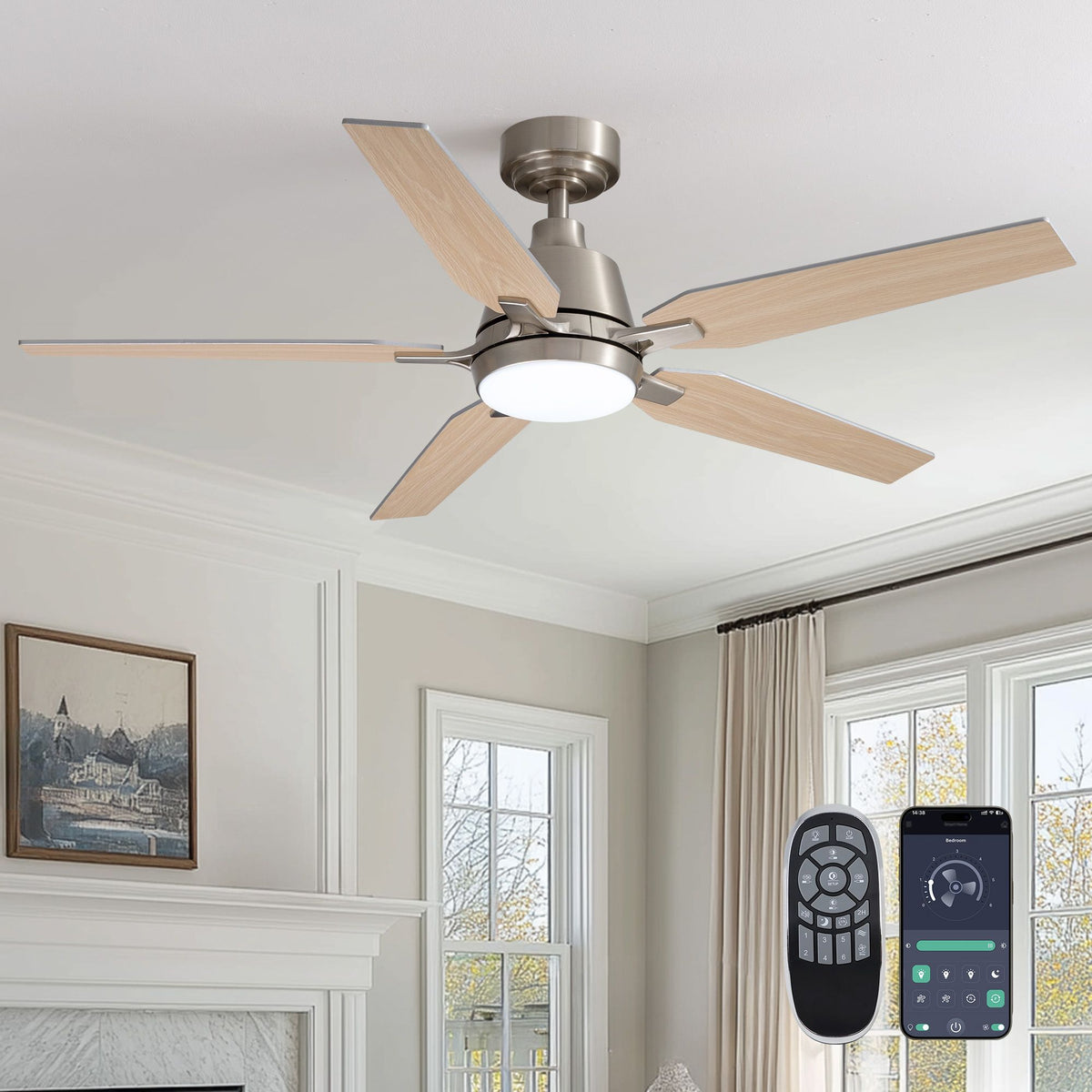 52" Farmhouse Brushed Nickel Smart Ceiling Fan with LED Light — 5 light wood blades, brushed nickel motor, round white LED light kit, remote control and smart app icons, modern fireplace living room | Sofary Lighting